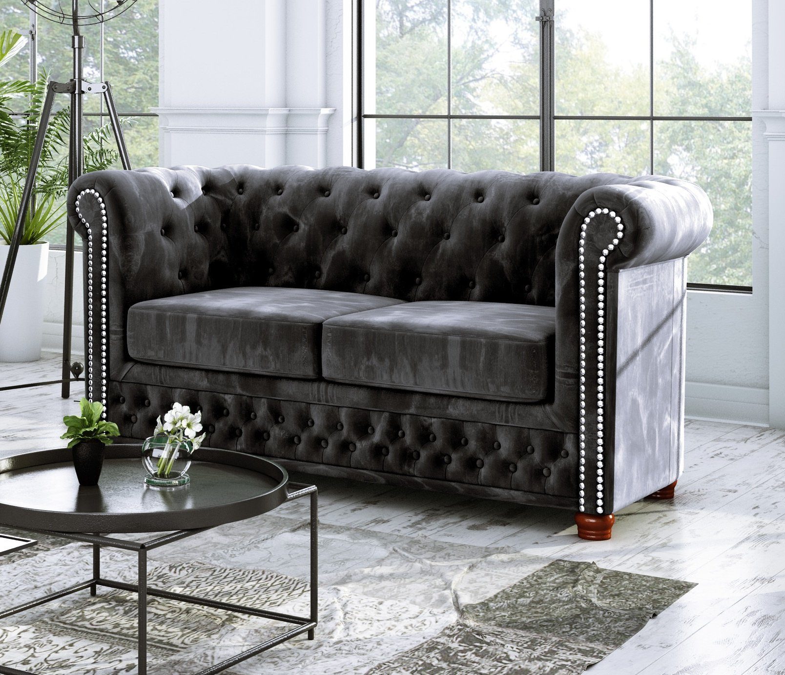 3+2+1, Sessel), Leeds Chesterfield Schwarz 3-Sitzer-Sofa, 1x 2-Sitzer-Sofa, 1x Polstergarnitur Wellenfederung Möbel S-Style (1x mit