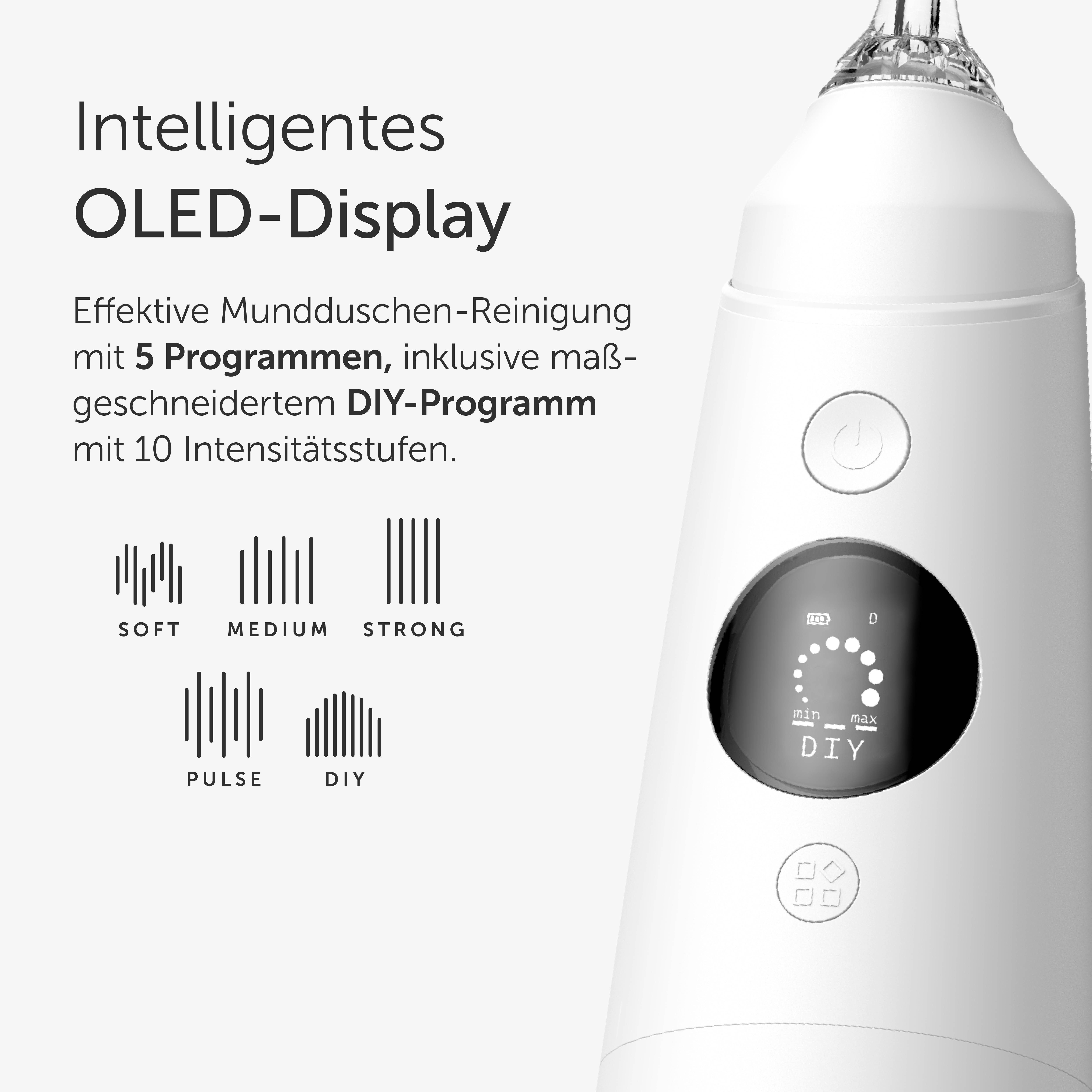 Wondersmile Munddusche Testsieger 2025 - 100 Tage risikofrei testen - SmoothFlow-Technologie, Aufsätze: 1 St., Inteligentes OLED Display