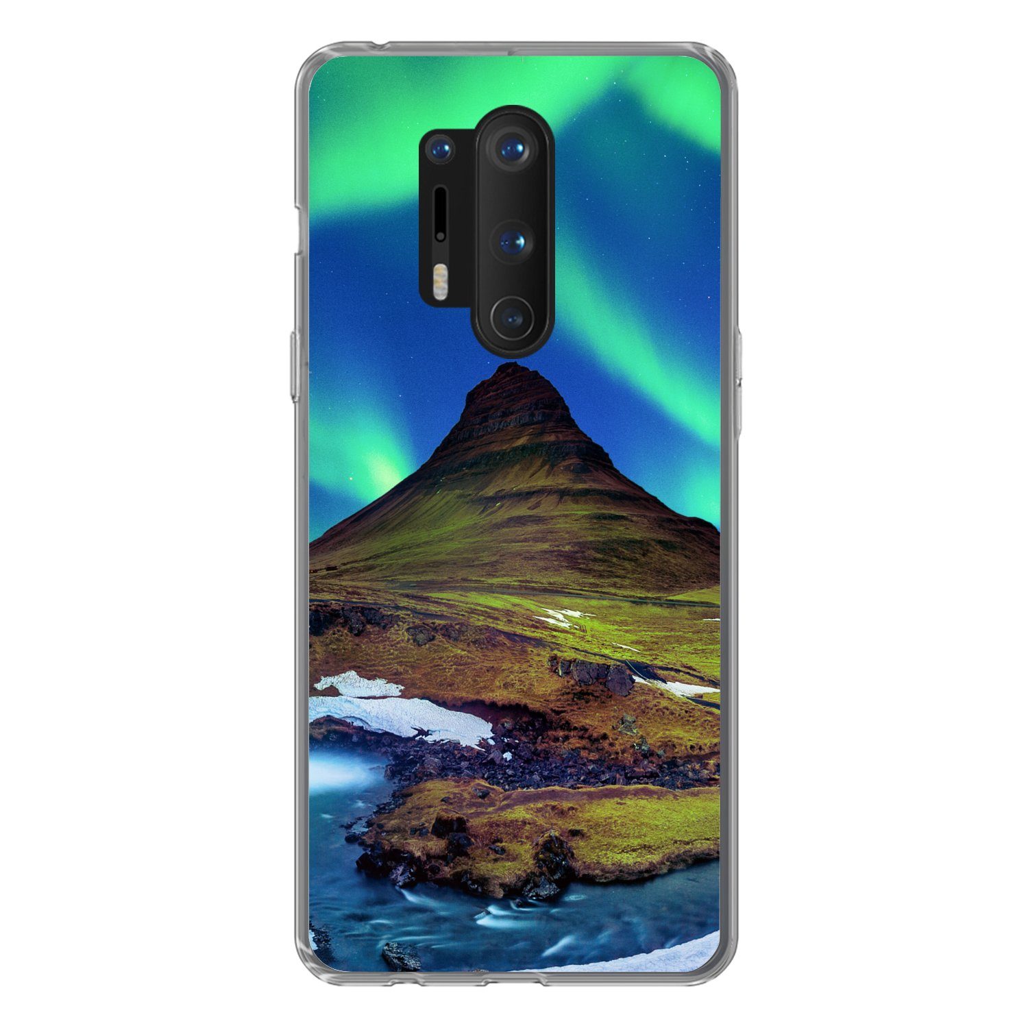 MuchoWow Handyhülle für OnePlus 8 Pro Nordlicht - Sternenhimmel - Island - Berg - Grün - W, Phone Case, Silikon, Schutzhülle Dünn