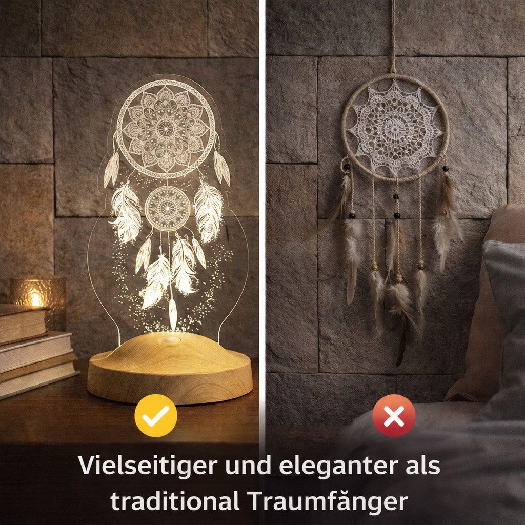 Geschenkelampe LED Nachttischlampe Traumfänger Dreamcatcher 3D UV Druck Nachtlicht, Leuchte 7 Farben fest integriert, Geburtstagsgeschenk für Freunde, Mädchen, Jungen