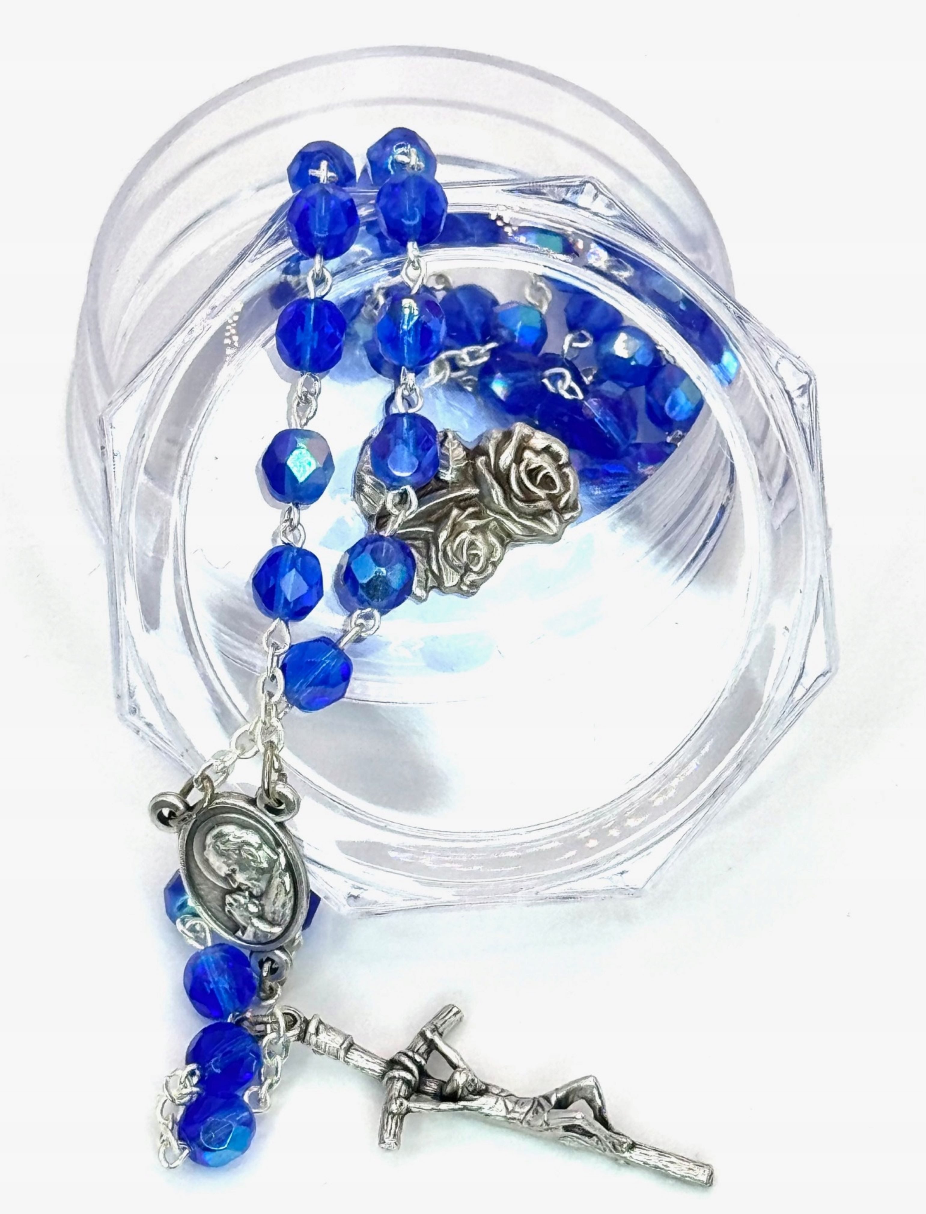 Sacramenta Kommunionskarte Handgemachter blauer Kristallrosenkranz + Gratisbox – italienische