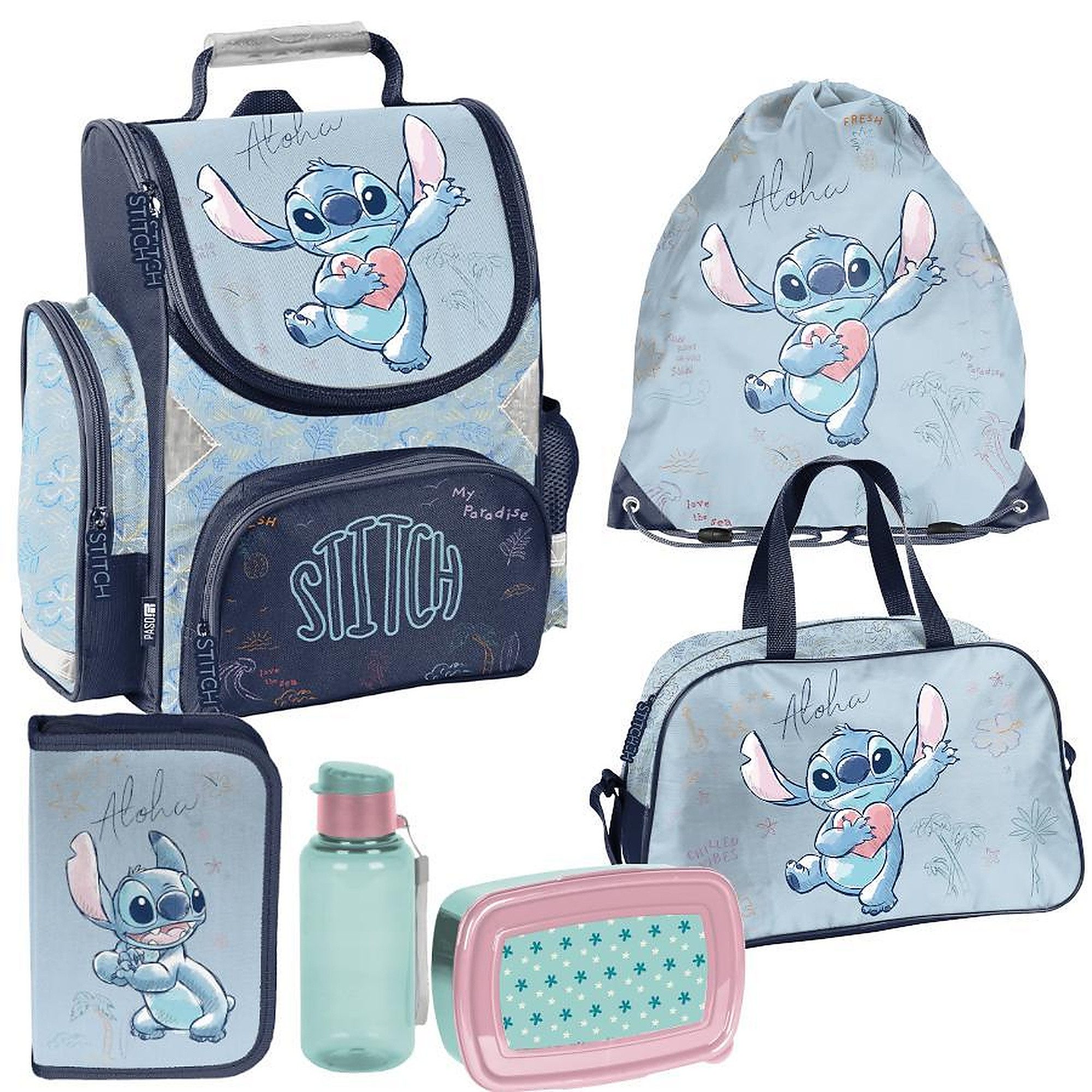 PASO Schulrucksack Lilo & Stitch Disney (Schulset, 6-tlg), Schulranzen-Set Für Jungen & Mädchen Klasse 1–4