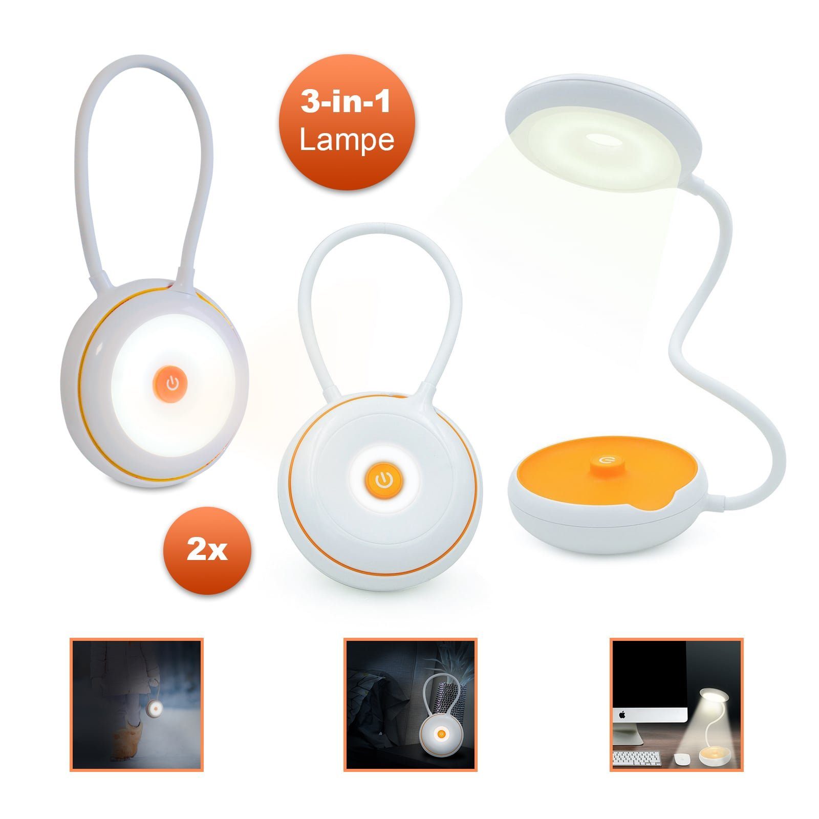 EAXUS LED Schreibtischlampe 3in1 LED Tischleuchte - flexible Nachttischlampe USB oder Batterie, LED fest integriert, Schreibtischleuchte + Nachtlicht + Taschenlampe