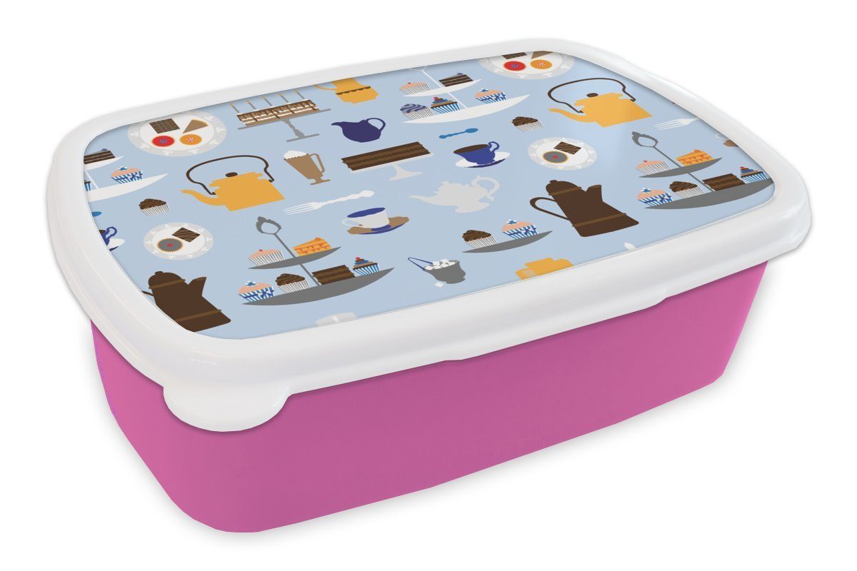 MuchoWow Lunchbox Muster - Törtchen - Teekanne - Tee, Kunststoff, (2-tlg), Brotbox für Erwachsene, Brotdose Kinder, Snackbox, Mädchen, Kunststoff rosa