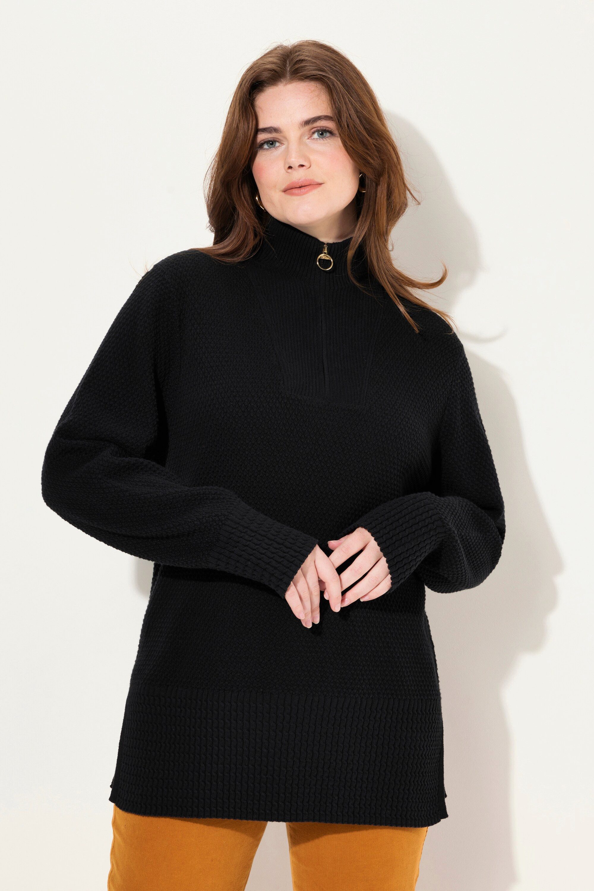 Ulla Popken Strickpullover Strick-Troyer Stehkragen Zipper Langarm