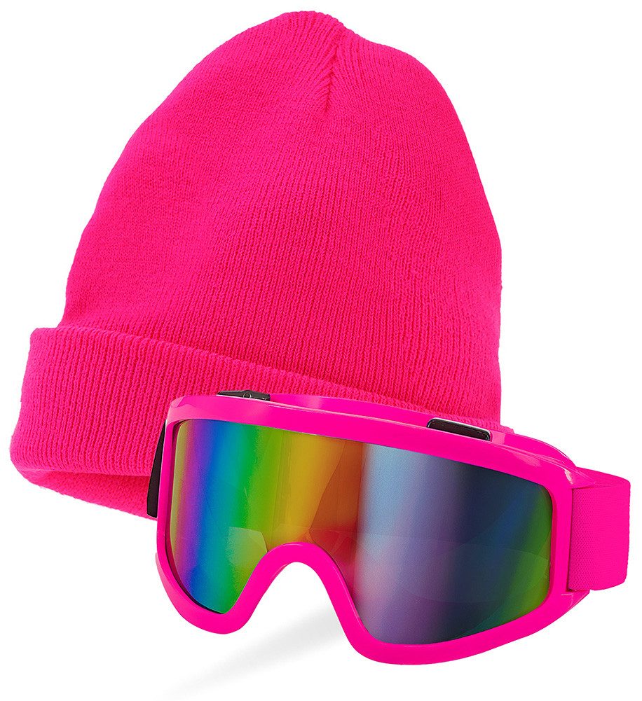 Kostüm Party Skibrille und Mütze Apres-Ski Set Neon pink