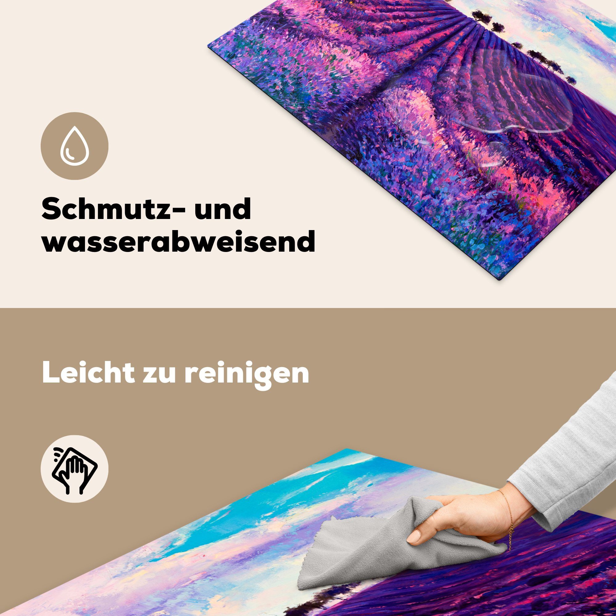 MuchoWow Malerei Vinyl, nutzbar, tlg), Mobile 70x52 - cm, Natur, Herdblende-/Abdeckplatte - Lavendel - Blumen Arbeitsfläche - Ölfarbe Ceranfeldabdeckung (1