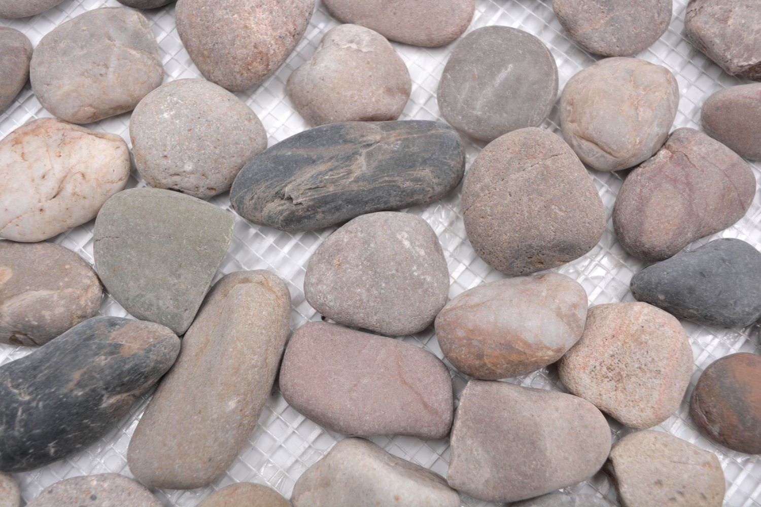 Mosani Mosaikfliesen Flußkiesel gewölbt beige grau schwarz creme anthrazit Duschwand Küche