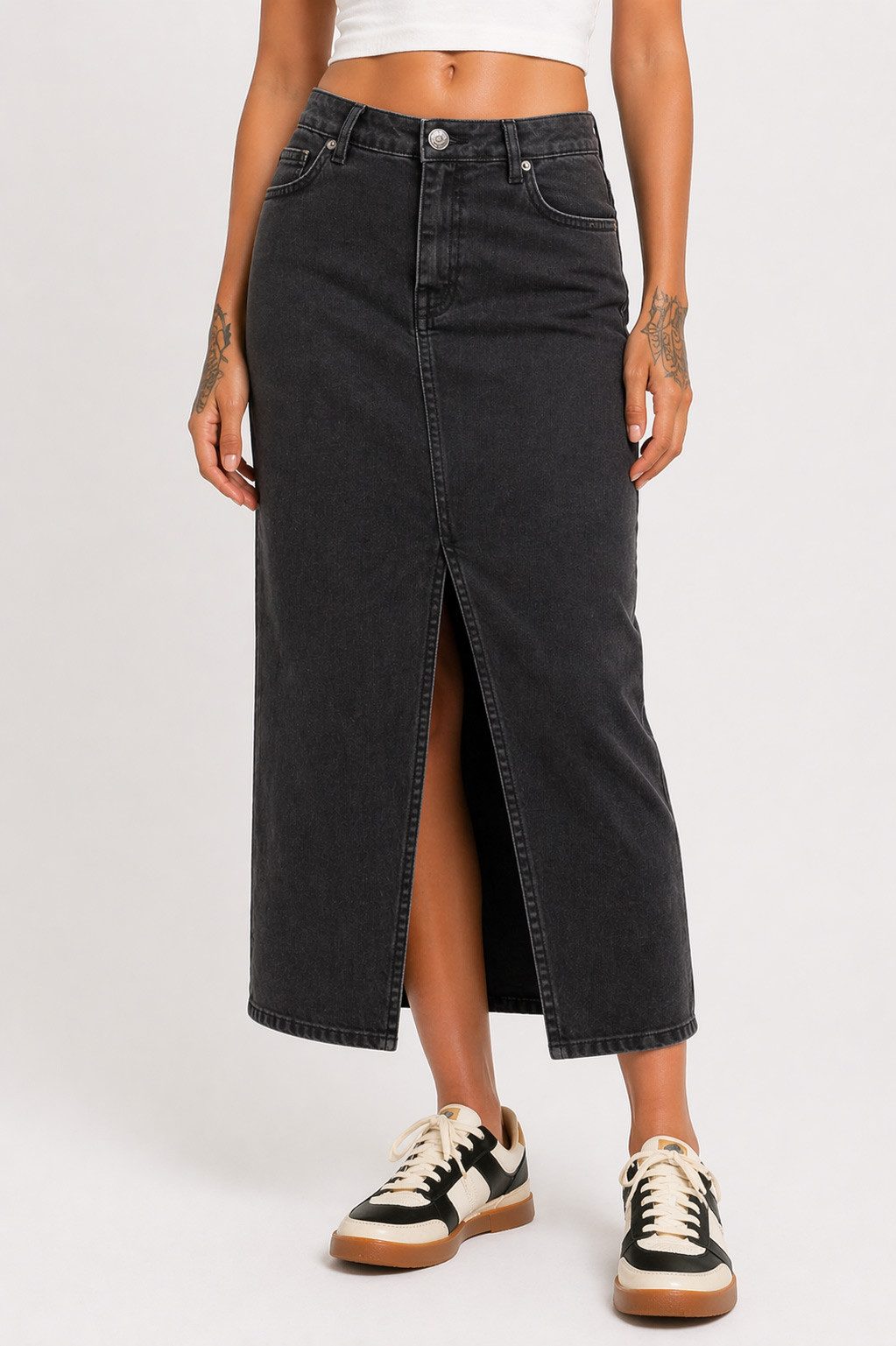 Jeansrock Damen Maxi Midi Rock langer Schnitt Denim Stretch