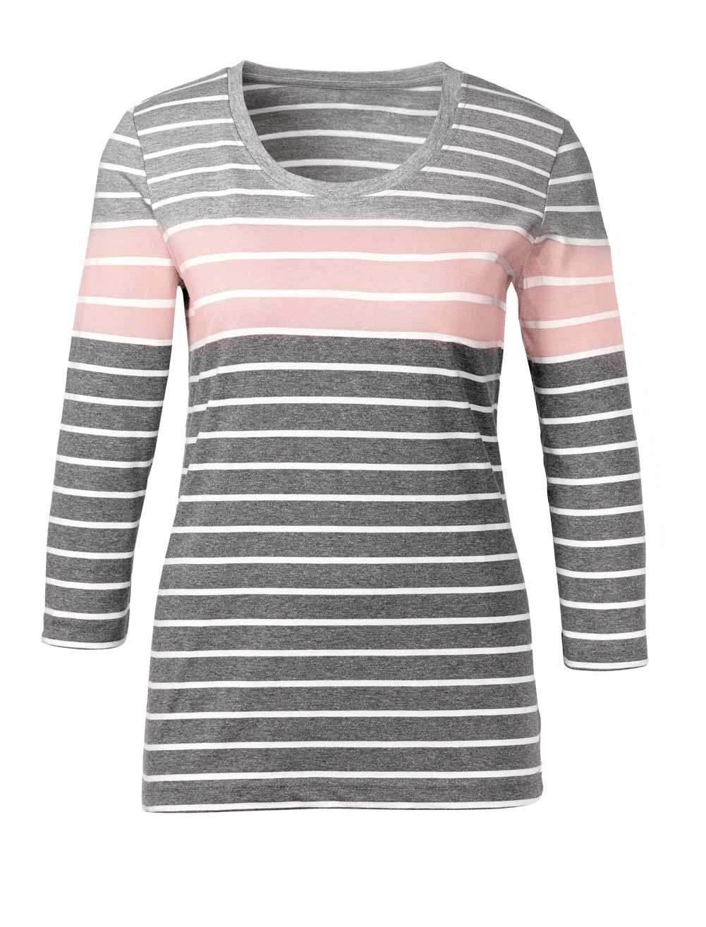 CRéATION grau-rosé creation Streifenshirt, PREMIUM Damen L L Rundhalsshirt