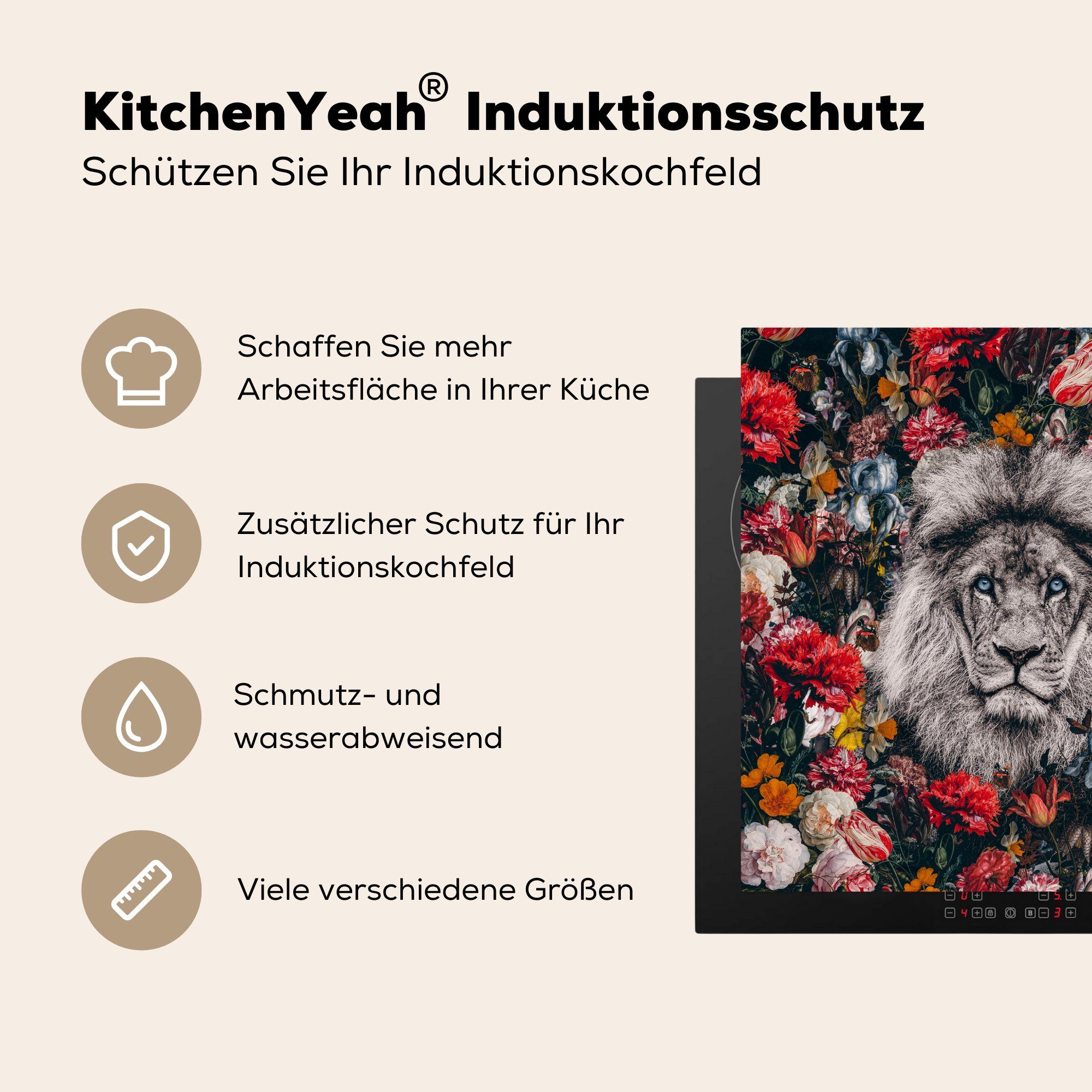 - MuchoWow Vinyl, Ceranfeldabdeckung, Blumen 78x78 Löwen (1 - cm, tlg), Farbe, Herdblende-/Abdeckplatte küche für Arbeitsplatte