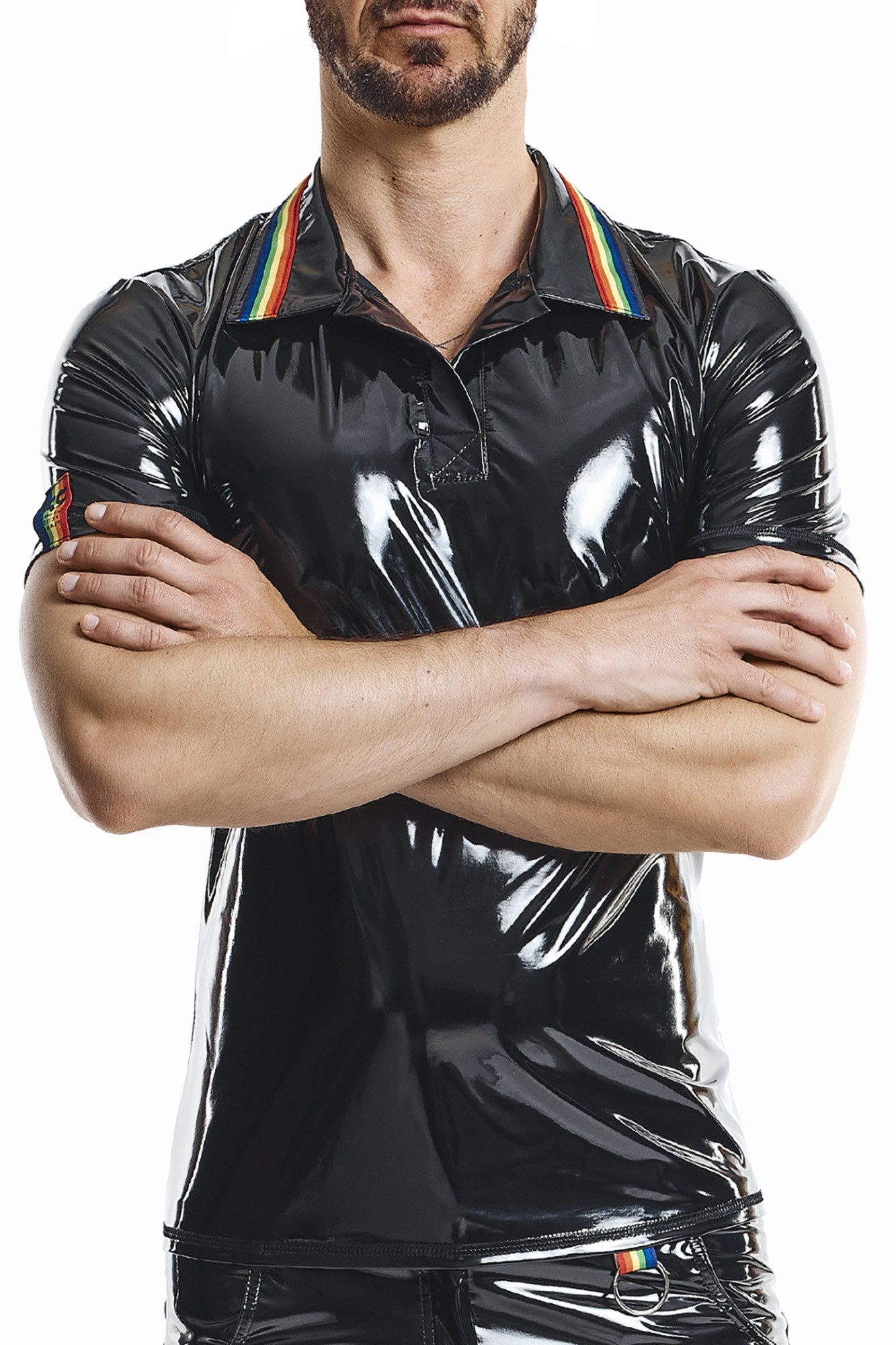 T-Shirt Männer Polo Shirt schwarz glänzend Slim Fit fetisch Shirt mit Kragen