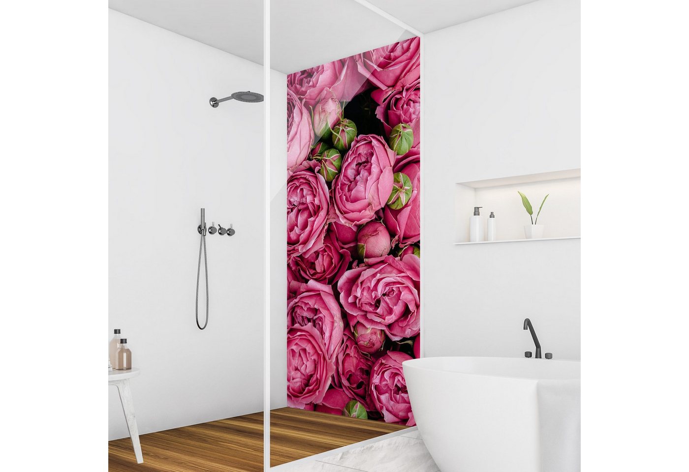 Thumbnail - Bilderdepot24 Duschrückwand Blumen pink Duschrückwand ohne Bohren Dusche Fliesenersatz, (1-tlg., 0,61 mm starke Folie se...