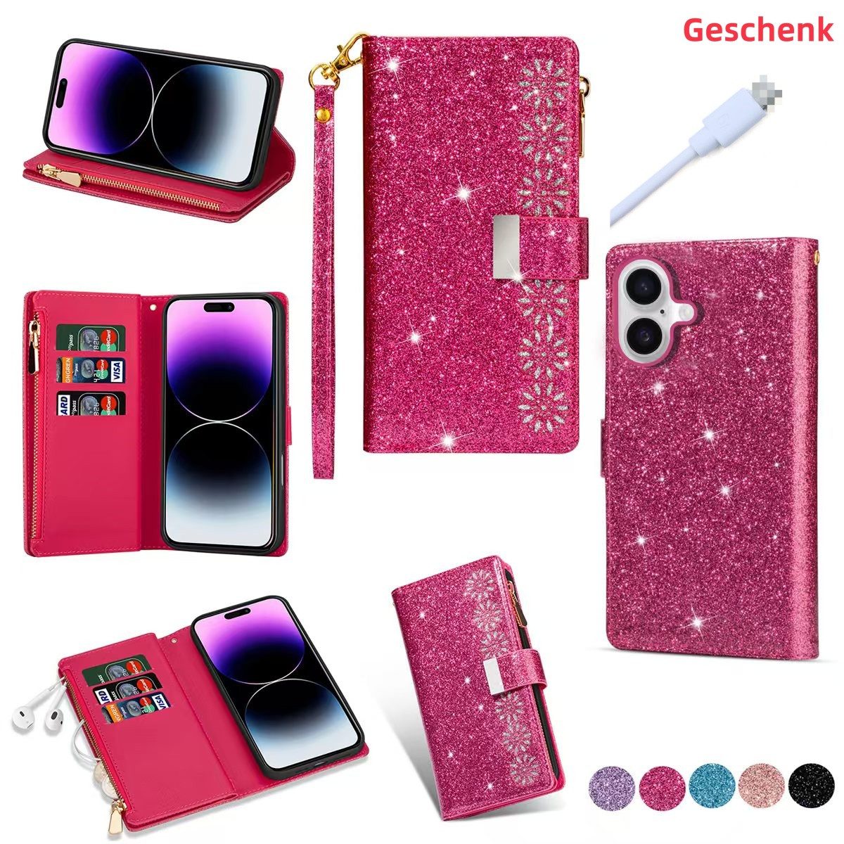 trends for living Handyhülle Glitzer Hülle Tasche für iPhone 14 15 16 Pro Max Klapp Case Cover Seil