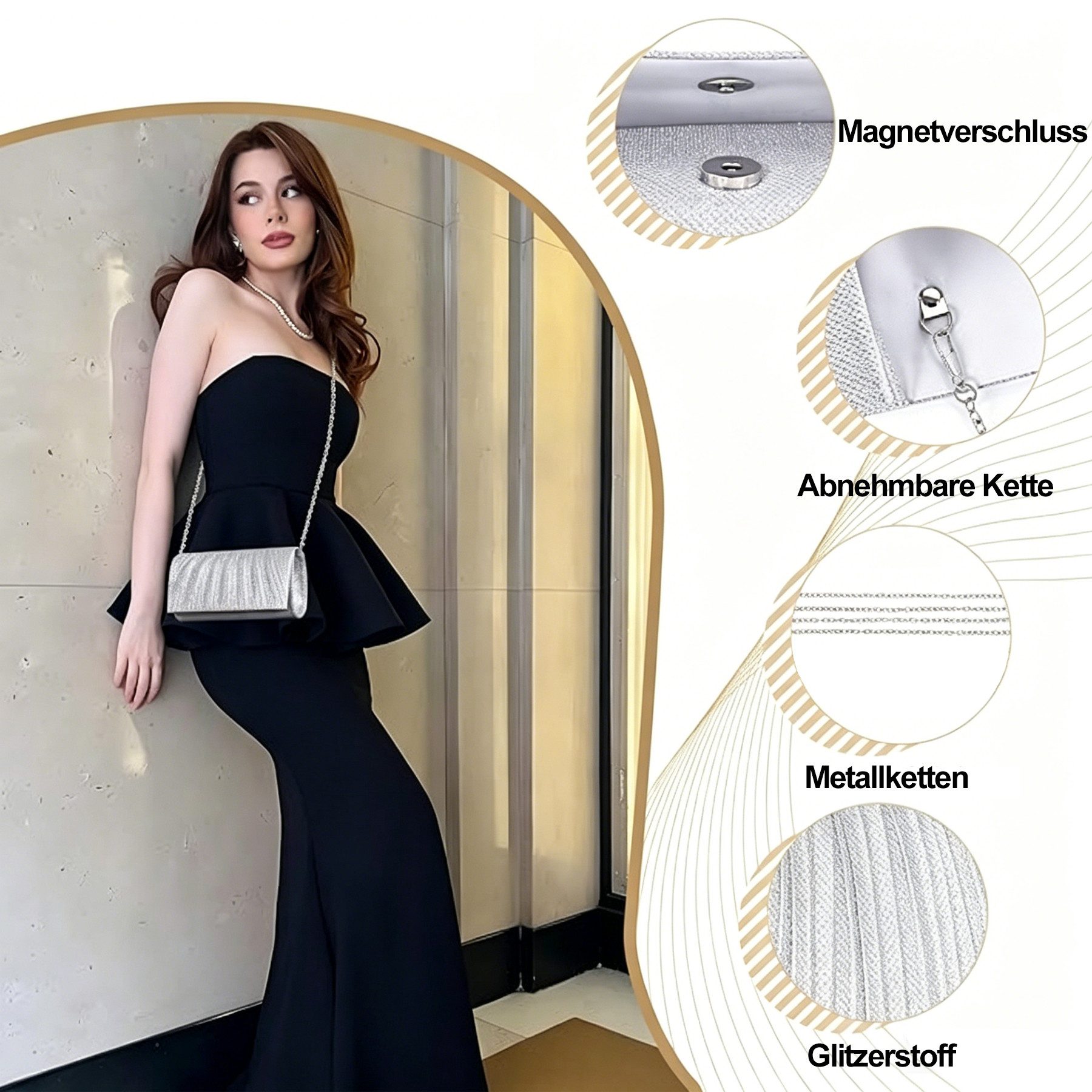 Mutig Abendtasche Glitzer Abendtasche Damen Clutch mit Kette, Elegante Umhängetasche (Umschlag Clutch mit Pailletten, Handtasche), für Hochzeit, Party, Abendver – Bild 4 von 5