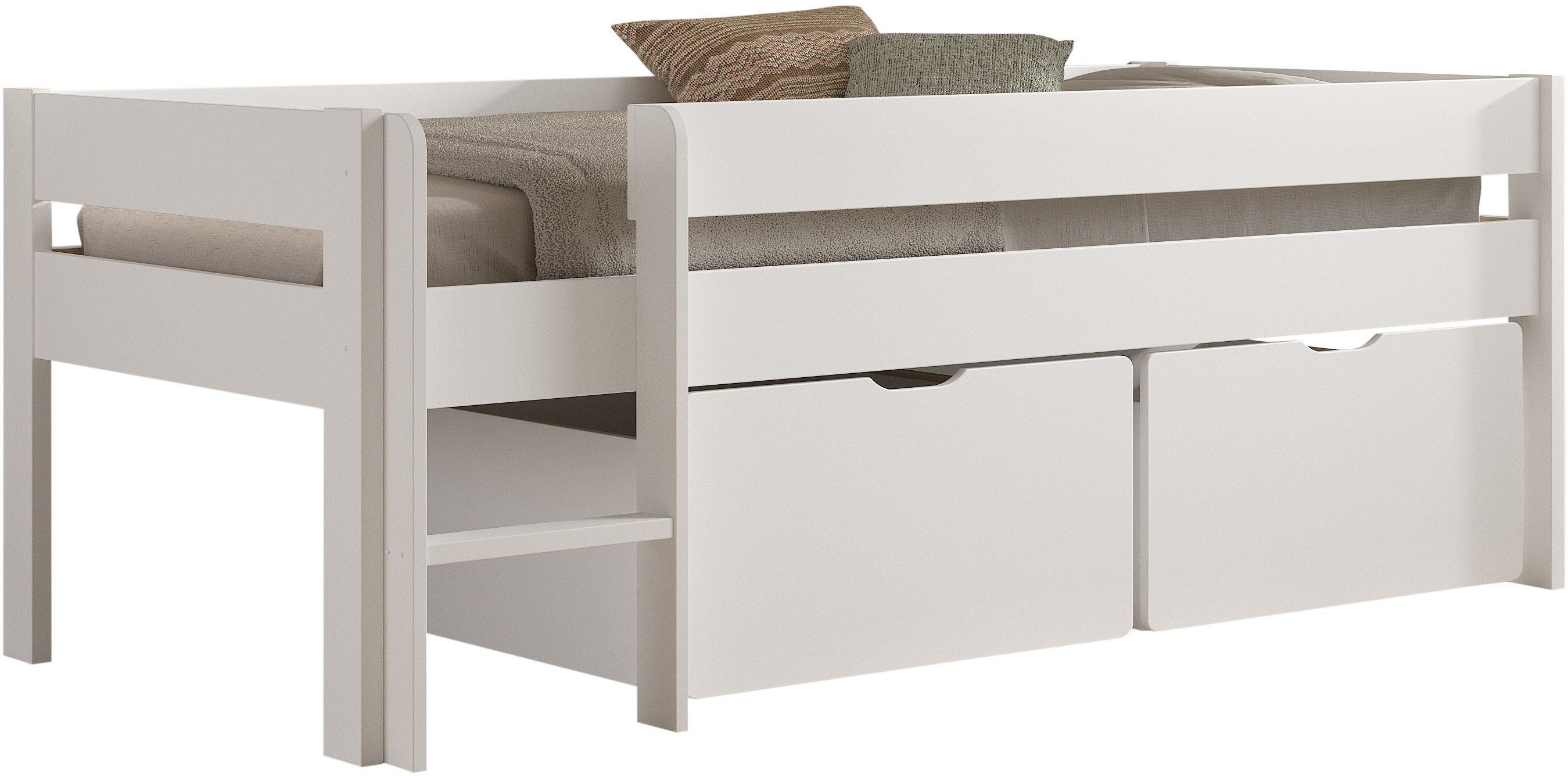 Vipack Stauraumbett Primo, mit Absturzschutz, niedriger Bauhöhe ideal unter Dachschrägen (unter dem Bett 2 Rollboxen als Strauraum), Kiefer weiß, inkl. Rolllattenrost, Leiter rechts / links montierbar