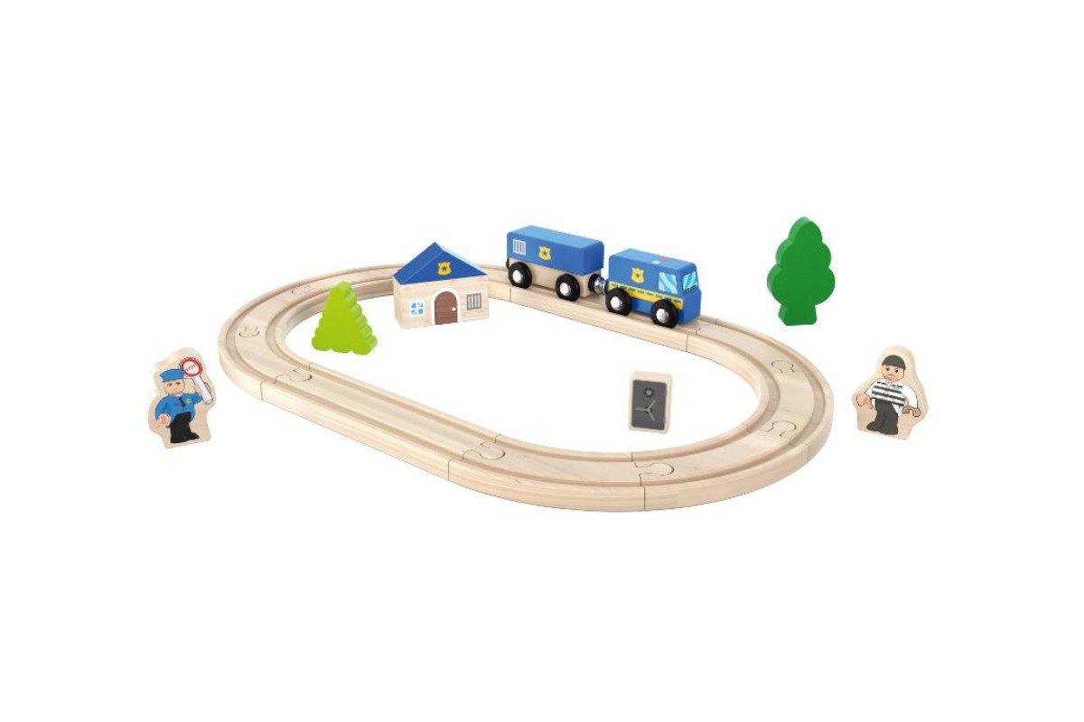 Playtive Spielzeugeisenbahn-Set Bahnset 18-tlg. Holzspielzeug Bahnset Polizei, (Spielset, 18-tlg., mehrteiliges Spielset), Holzeisenbahn mit Themenwelt und Zubehör