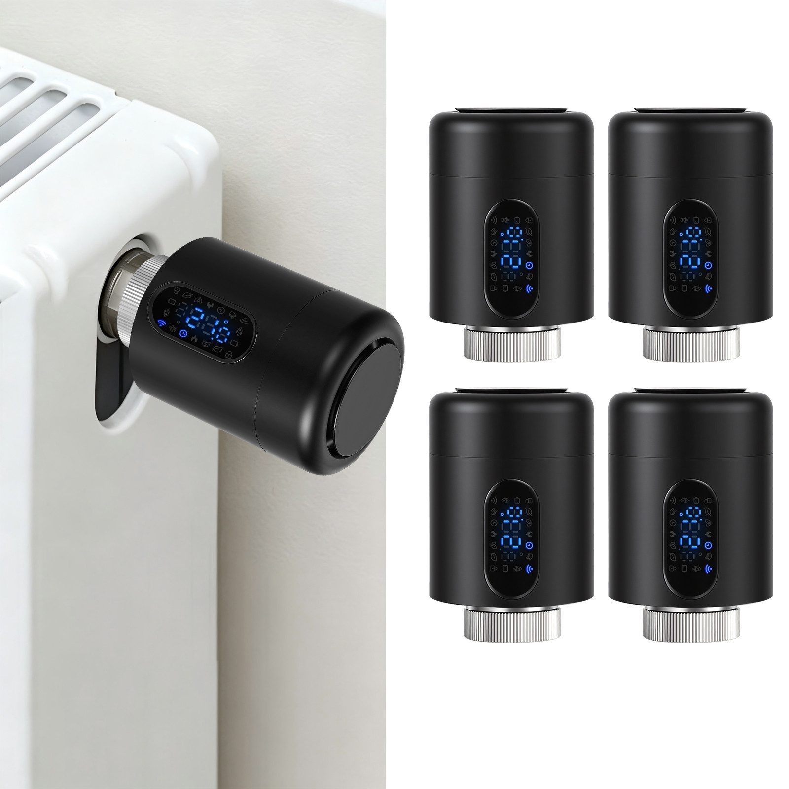 Clanmacy Heizkörperthermostat Smartes Thermostat WiFi, App-Steuerung, Smart Life/Tuya, Schwarz, 4er, (28 St)