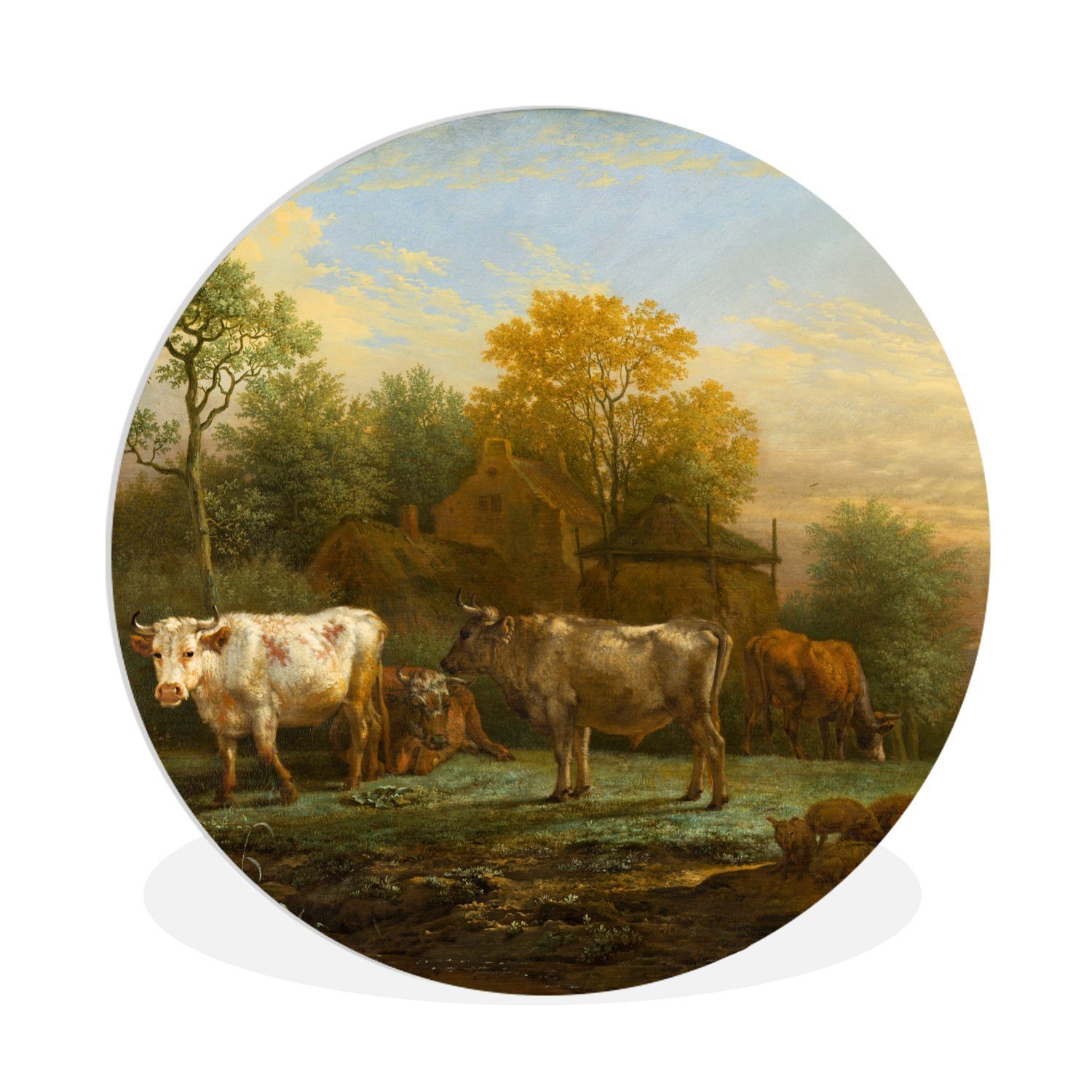 MuchoWow Gemälde Rinder auf 30x30 Wohnzimmer, der cm Forex, Potter, - Rundes Wandbild, St), Wanddekoration Kreis Gemälde Paulus Wiese (1 von