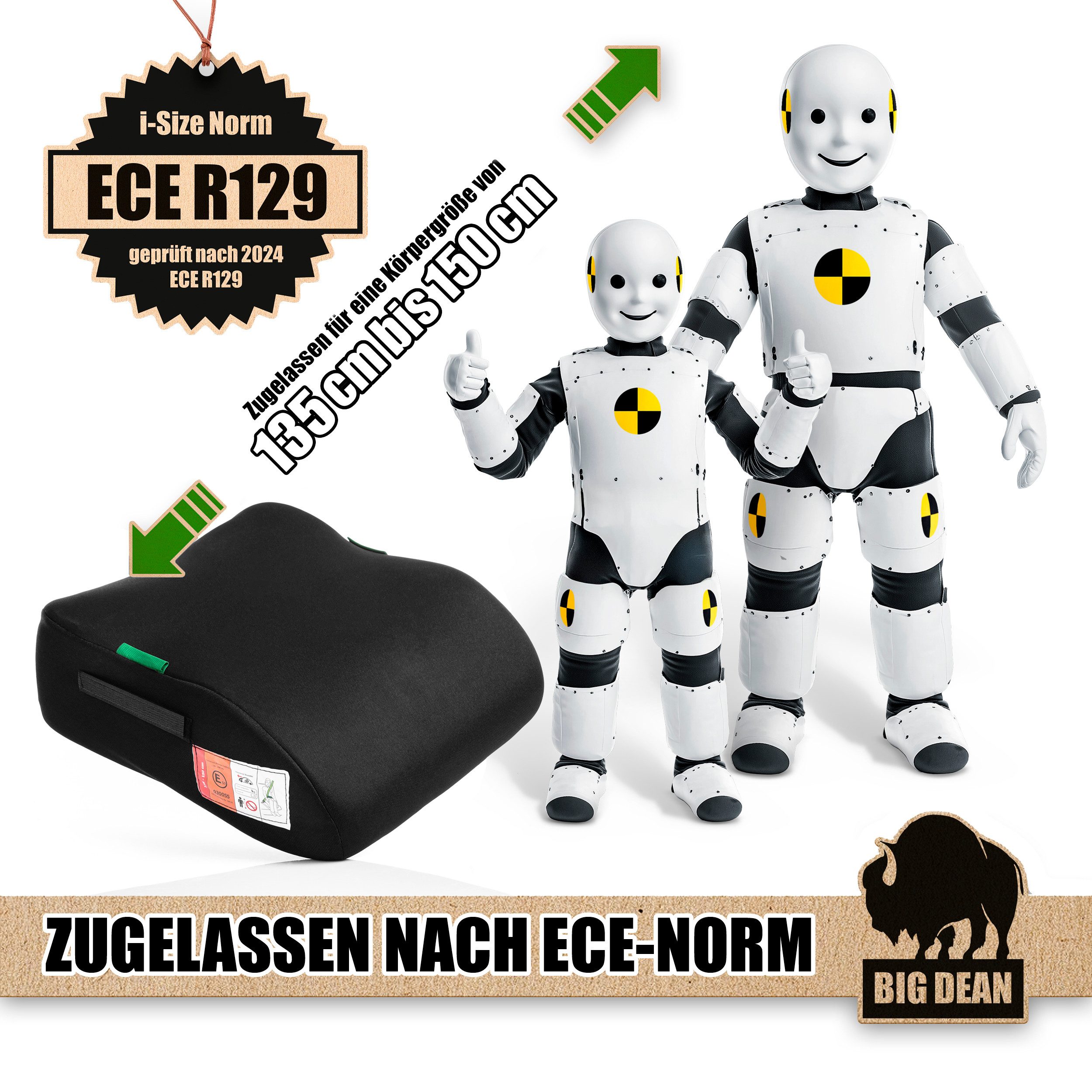 BigDean Kindersitzerhöhung Kindersitzerhöhung nach neuster i-Size Norm R129 Schwarz, ab: 6, bis: 12, ab: 135 cm, bis: 150 cm, (Packung, 1-tlg), 3 Punkt Gurt Befestigung, Polystyrol