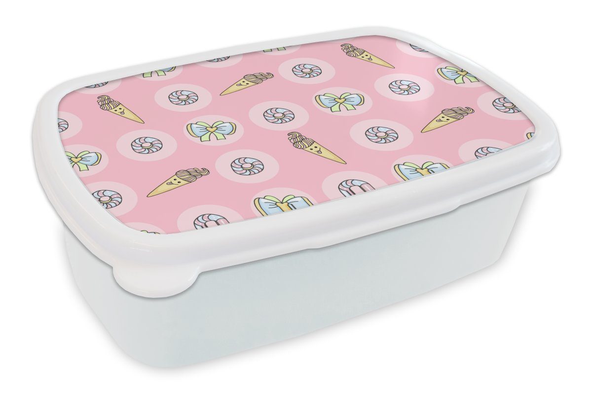 Kunststoff, für MuchoWow Kawaii Lunchbox Jungs Brotdose, - Brotbox Kinder und - - für Mädchen Muster Pastell, Donuts weiß und Erwachsene, (2-tlg),