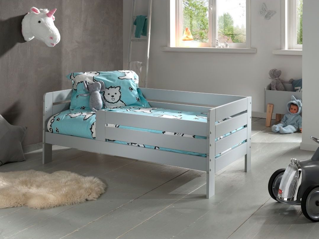 Kinderbett Juniorbett 70x140cm, Umrandung mit Sprossen, Kiefer massiv Weiß/Grau