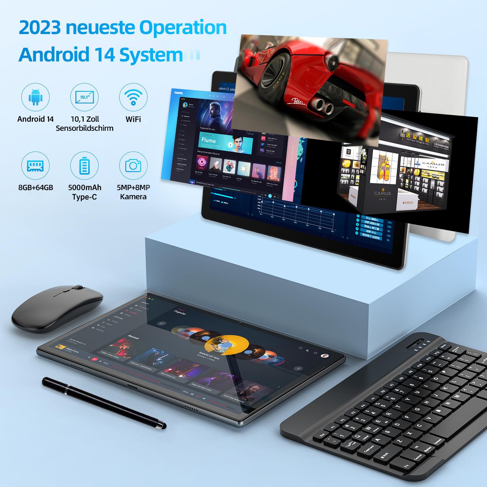 BUFO 10,1 Zoll 64GB erweiterbar auf 1TB mit Maus, Tastatur und Stylus Tablet (10", 64 GB, Android 14, 2,4G/5G WiFi, Android 14, 5000mAh, Gesichtsentsperrung, 1280x800 HD IPS)