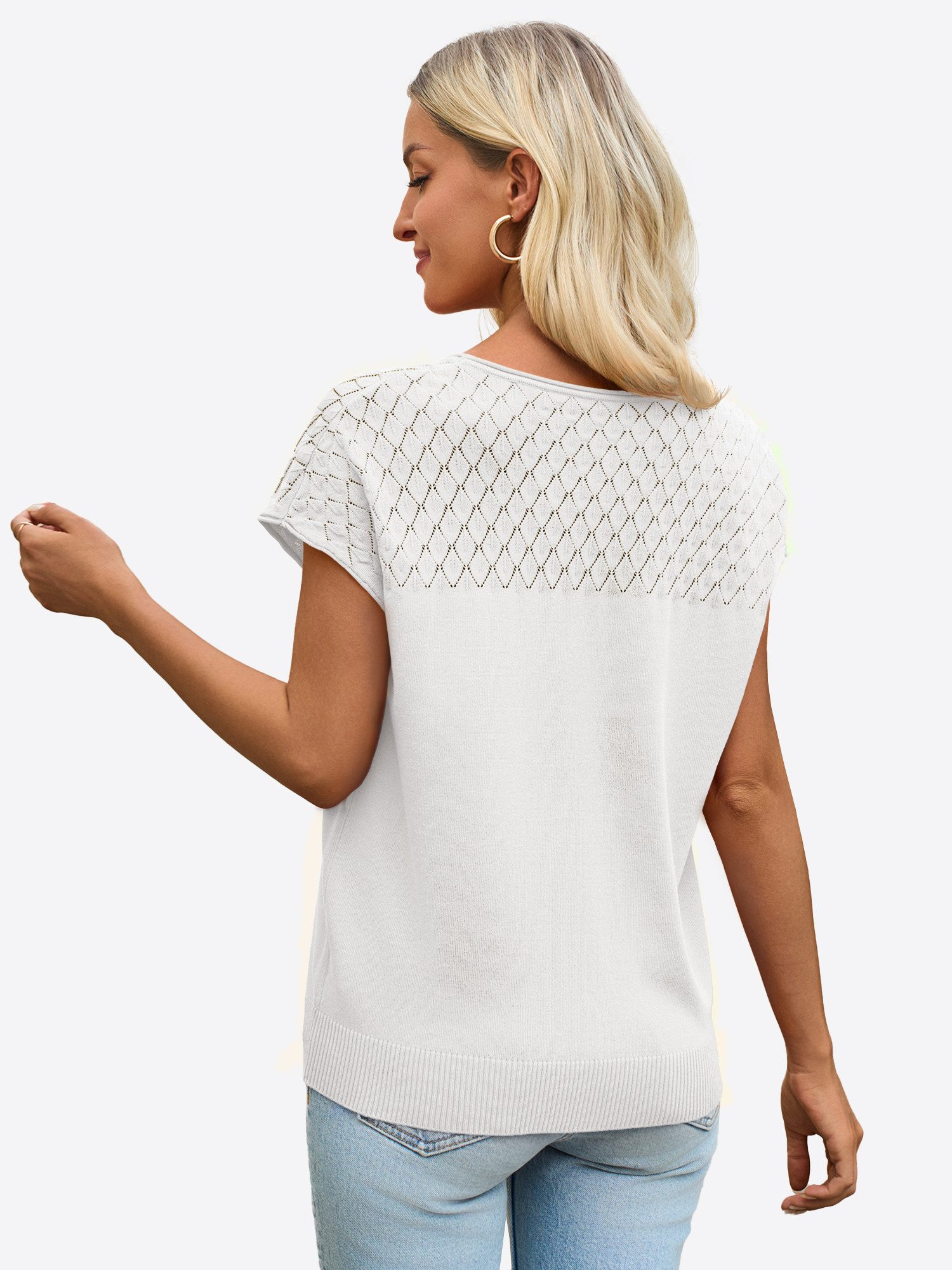 Imily Bela T-Shirt Damen Freizeit Kurzarm Strickshirt (Packung, 1-tlg., 1per-Pack) mit Häkeldetail – Bild 2 von 5
