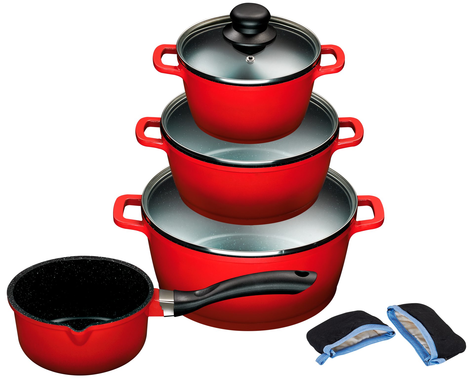 KING Topf-Set Rosenblüte, Aluminiumguss (Set, 15-tlg., je 1 Kochtopf 16/20/24 cm, 1 Stieltopf 16 cm, Schüsselset, Grips), Deckel, Keramik-Antihaft-Beschichtung, Induktion