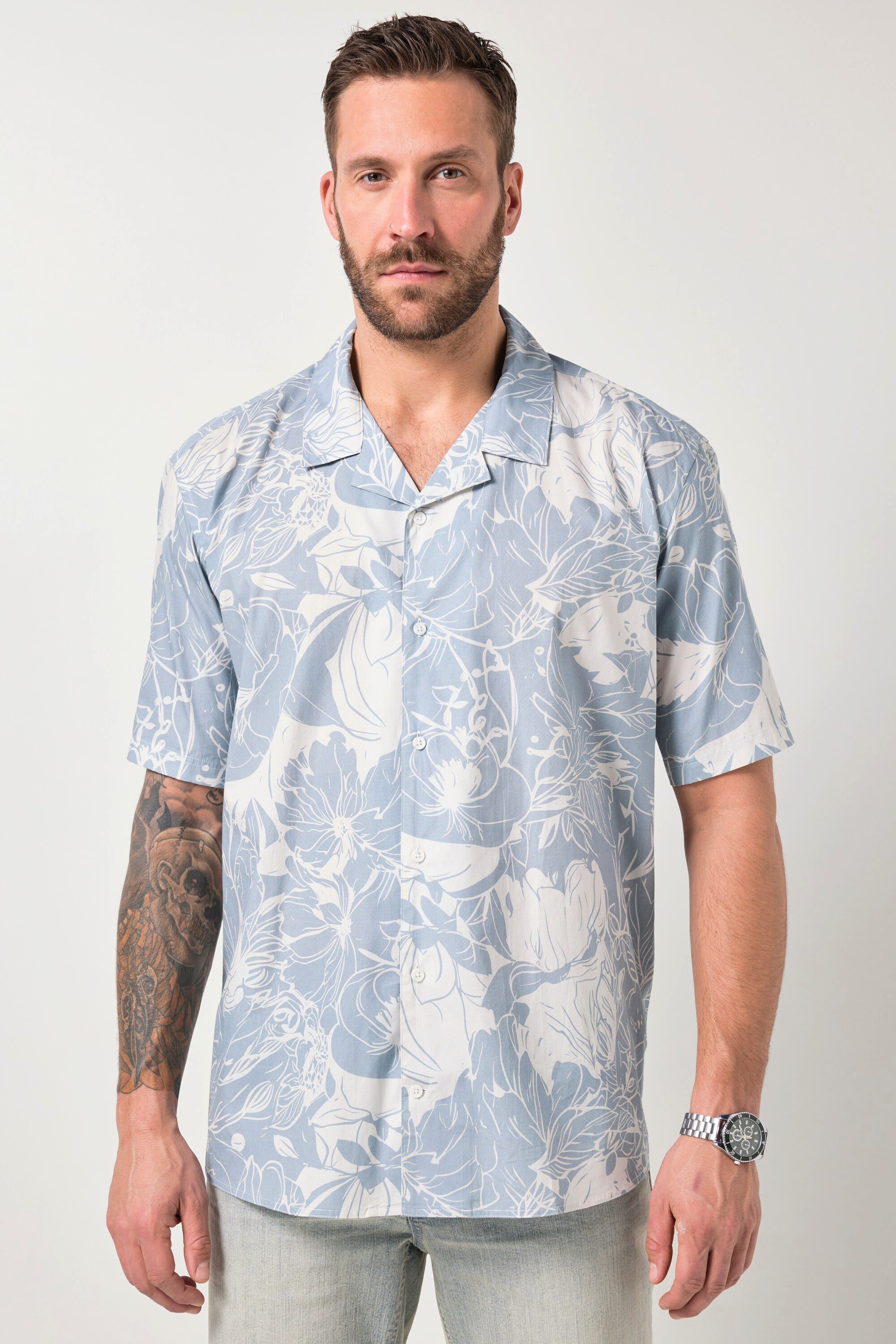 Kurzarmhemd Hemd Halbarm Cuba-Kragen floraler Druck Cuba Fit