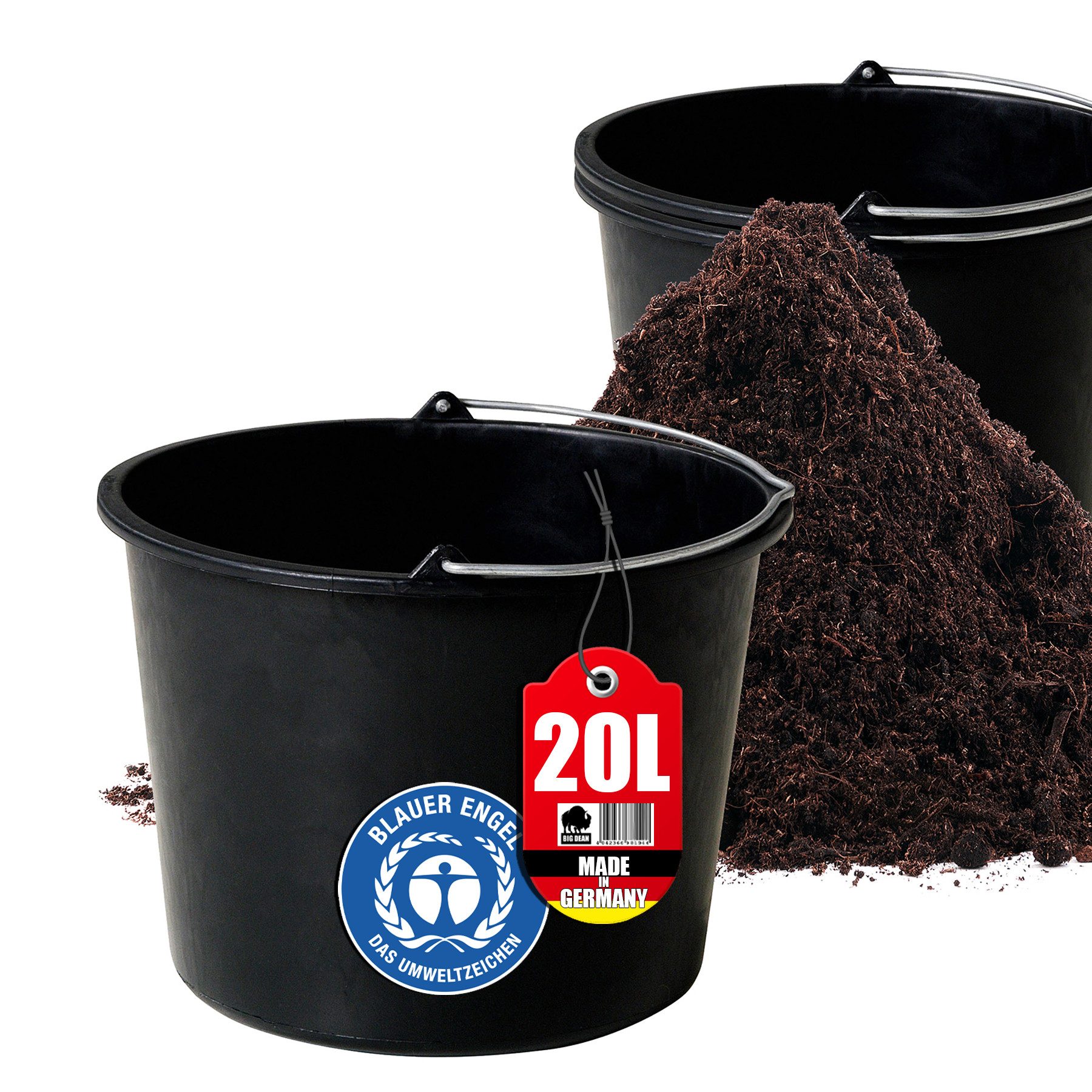 BigDean Mörtelkübel 3x Baueimer 20l Stabiler Garten Mörtel Beton Eimer Made in Germany, (Set, 3-tlg., 3er set), Baueimer aus Recyceltem Kunststoff für universelle zwecke