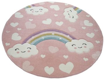 Kinderteppich Kinderteppich Regenbogen mit Wolken und Herzen in rosa, TeppichHome24, rechteckig, Höhe: 13 mm