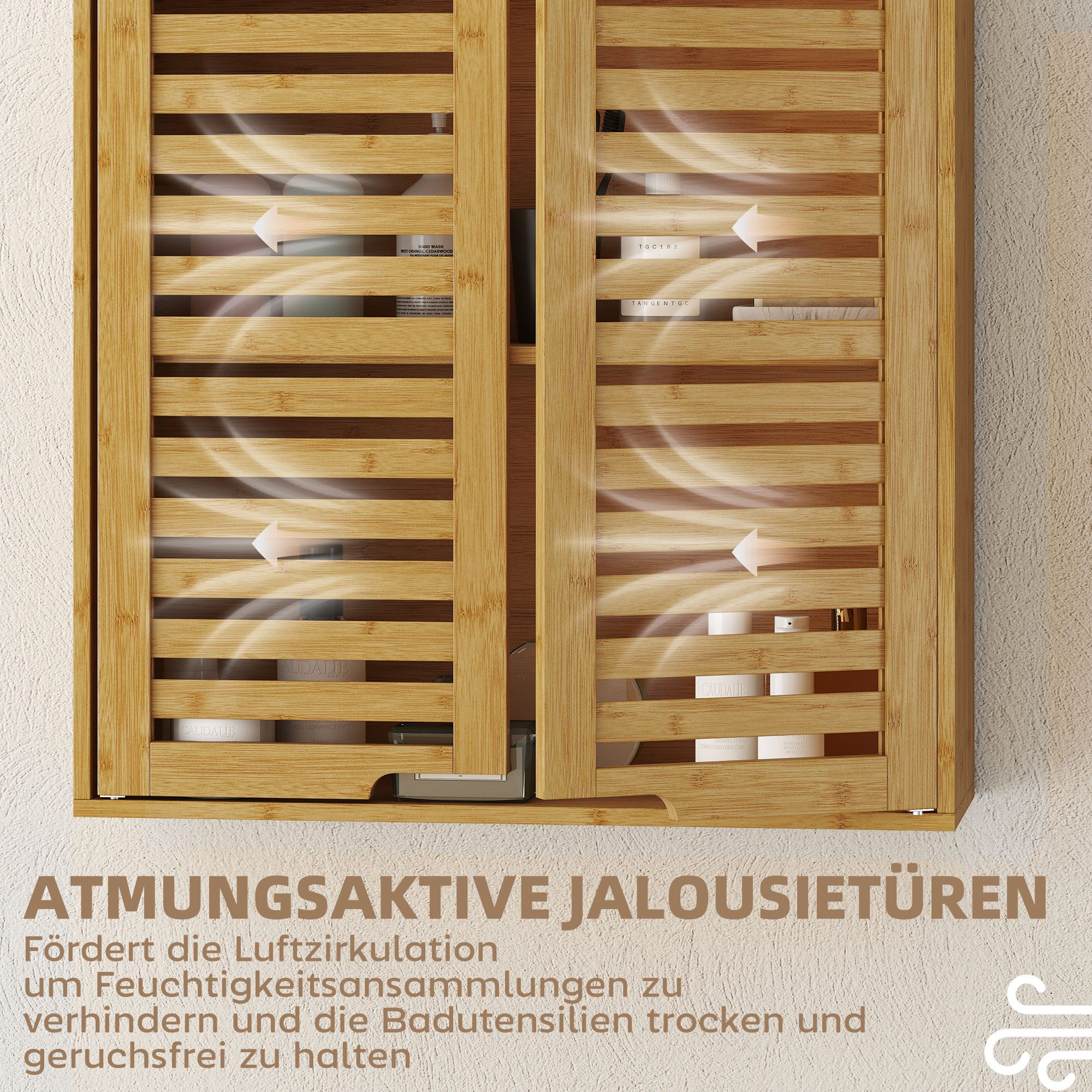 HOMCOM Hängeschrank Wandschrank aus Bambus, atmungsaktive Lamellentüren, Badschrank (Wandschrank aus Bambus, 1-St., Badezimmerschrank) über der Toilette, 60 x 2 – Bild 4 von 5