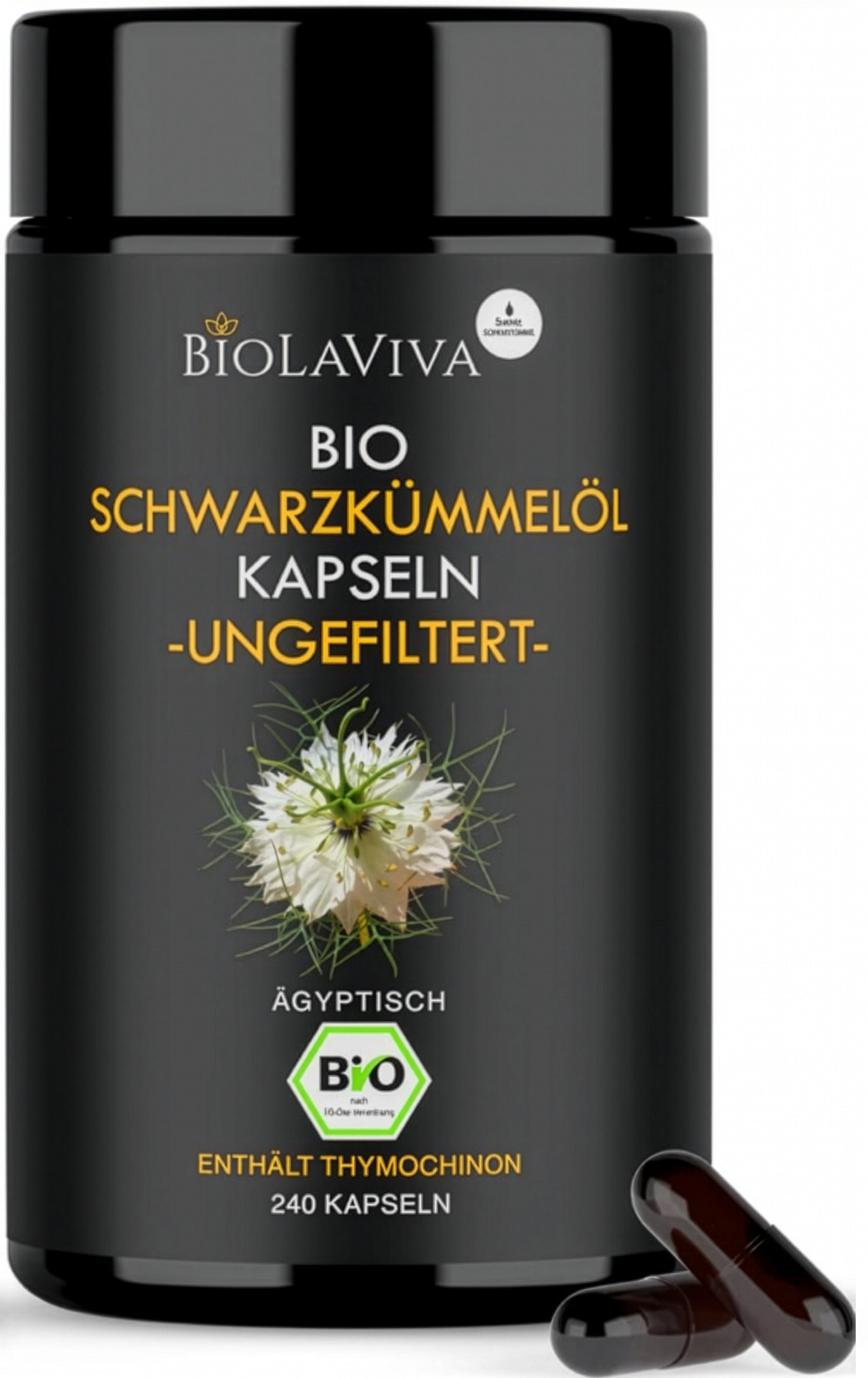 BIOLAVIVA Bio Schwarzkümmelöl 240 Kapseln - ungefiltert - naturbelassen - vegan Kapsel
