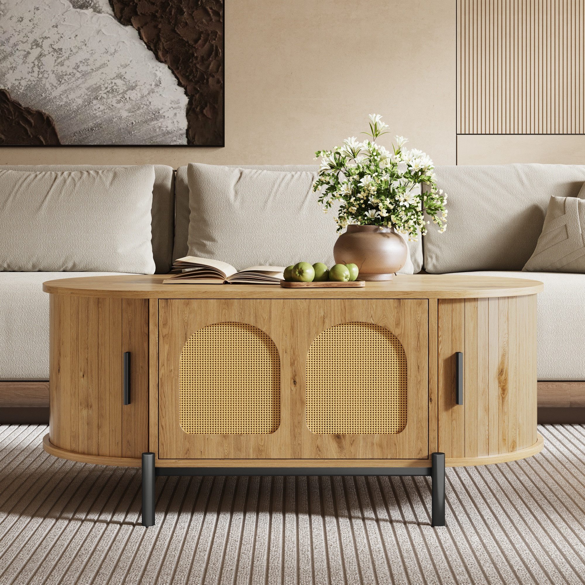 Merax Couchtisch Oval Sofatisch Skandinavisch Beistelltisch mit Rattan-Oberfläche (100 x 50 x 40 cm, 1-St), Wohnzimmertisch mit Klapptür, 2 Schiebetüren, Staura – Bild 3 von 5