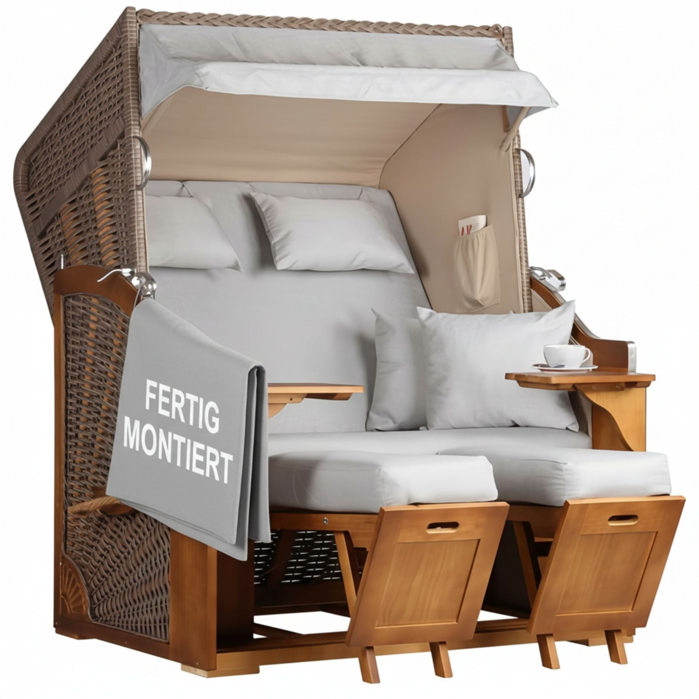 MR.DEKO Strandkorb 2-Sitzer Schleswig Pinie Braun PE Mokka, aufgebaut geliefert, BxTxH: 120x80x160 cm, 2-Sitzer, Schleswig, (Zweisitzer Strandkorb mit Bistrotischen & Fußstützen), Bereits montiert, UV-beständig, Volllieger & Edelstahl-Beschläge