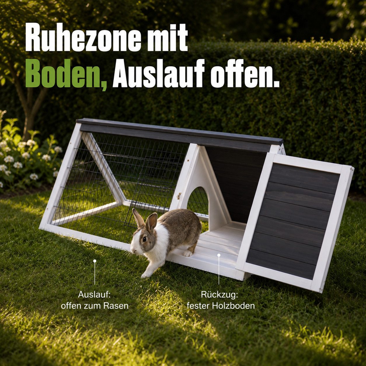 Zooprinz Kleintierstall Hasenstall Kaninchenstall Dreieckig Massivholz mit Freilauf, 115 x 56.5 x 48cm, 2 Türen, Unterschlupf mit Boden