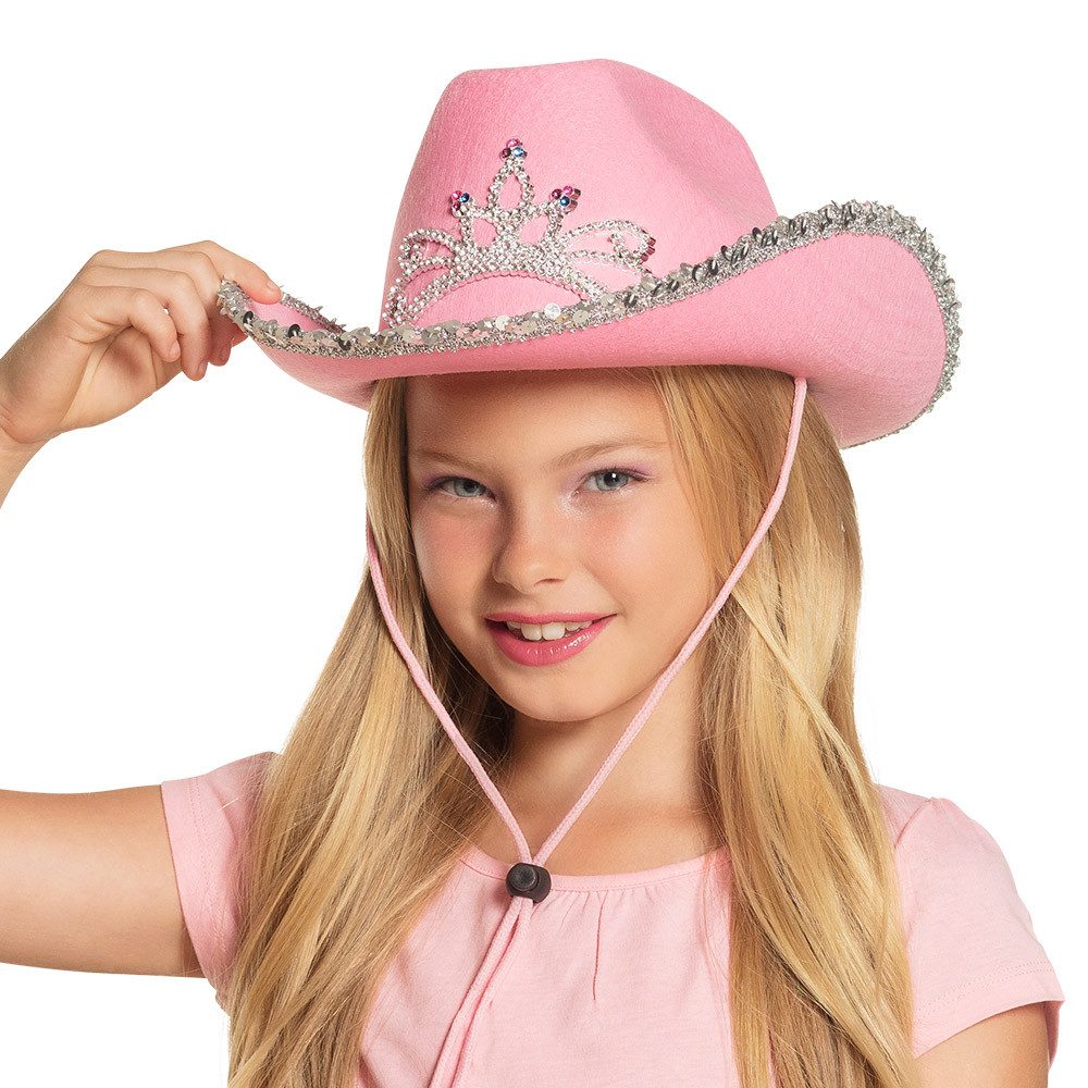 Boland Cowboy-Kostüm Cowboyhut Glimmer rosa Kinder-Westernhut mit Krone Glitzerband Mädchen, Glitzerkrone-Motiv und Paillettenband silberfarben