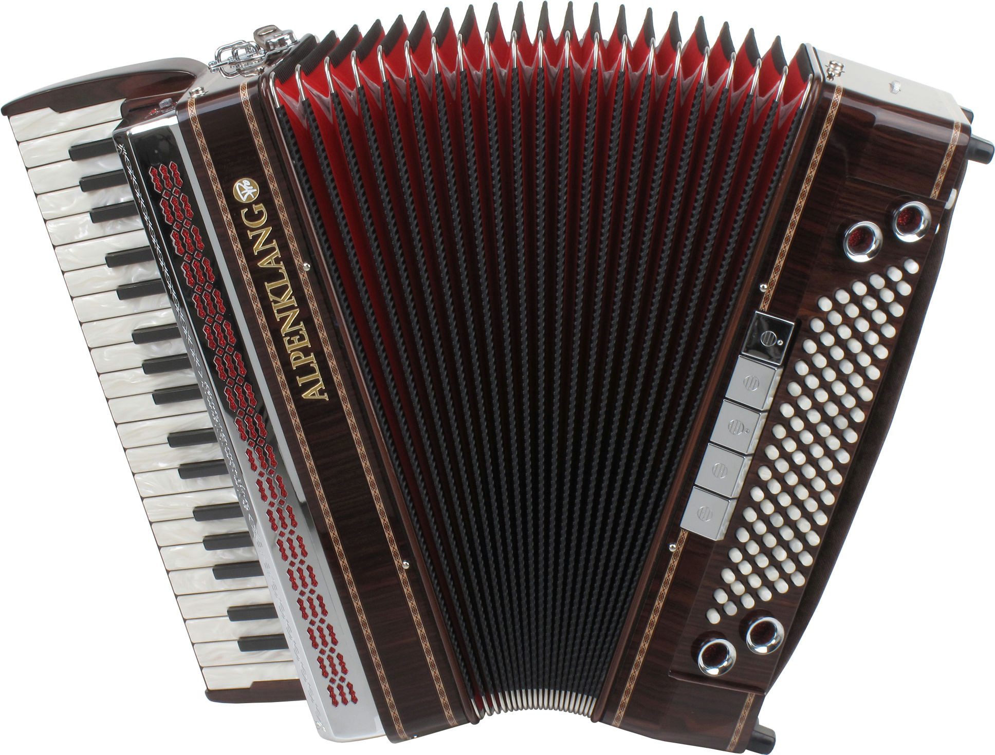 Alpenklang Knopf-Akkordeon IV 96 MHR Akkordeon Palisander mit Helikon-Bässen und Doppeltremolo (Pro-Serie, inkl. Koffer und Riemen), italienische Tipo a Mano-Stimmplatten