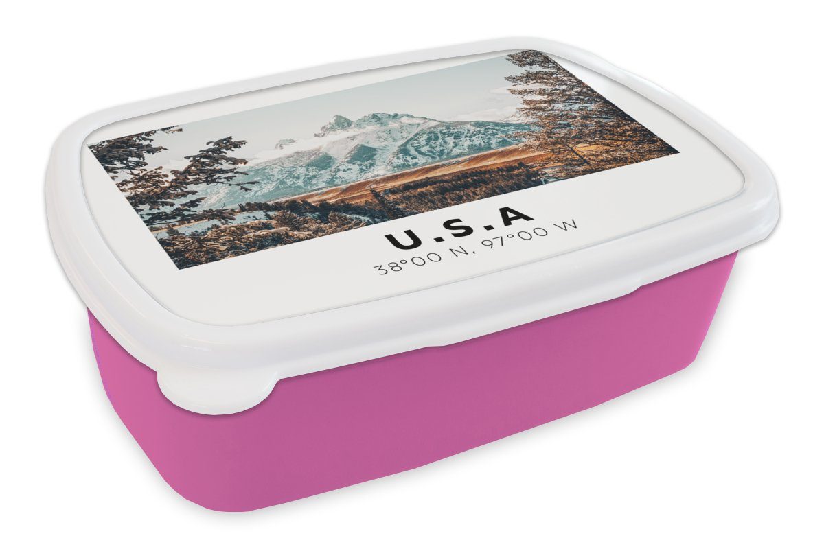 MuchoWow Lunchbox Amerika - - (2-tlg), Snackbox, - Winter Erwachsene, Mädchen, Brotbox Berge für Brotdose Wald, rosa Kunststoff, Kinder, Kunststoff
