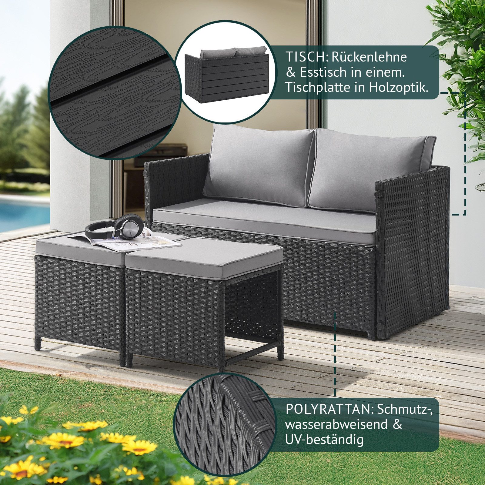 SVITA Gartenlounge-Set ATHINA, (Lounge-Set, Polyrattan), Platzsparend, Tisch und Sofa in einem, Schwarz