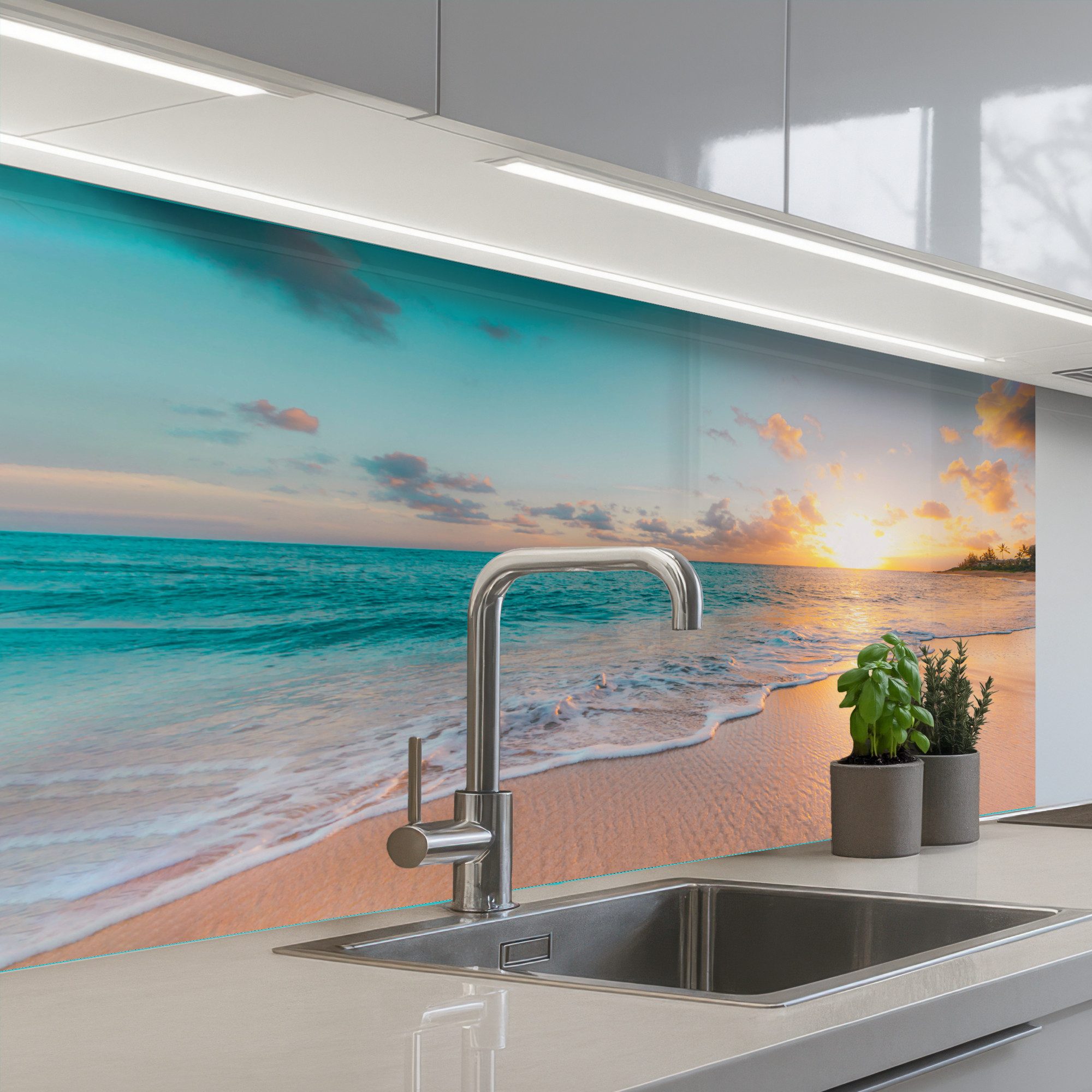 KitchenYeah Küchenrückwand selbstklebend Sonnenuntergang - Strand - Meer - Sommer - Blau, (1-tlg), Küchenspritzschutz, Küche, Rückwand, Küchenwand, Wandschutz, 100x60 cm