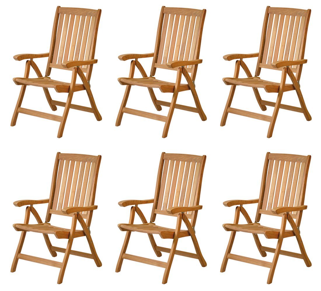Kai Wiechmann Garten-Essgruppe Teak Sitzgruppe London und Pisa mit Esstisch (150x80 cm), (7-tlg., 6 Stühle, 1 Tisch), klappbare Recliner, ideal für 6 Personen, robust, edel, wetterfest