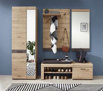 möbelando Garderobenschrank Wally Moderner Garderobenschrank in Artisan-Eiche Nachbildung mit Absetzung in Roxy Steinoptik, Korpus aus Spanplatte, Front aus MDF mit 1 Holztür, 1 Spiegeltür, 2 Konstruktionsböden (davon 1 inkl. ausziehbarer Kleiderstange) sowie 3 Einlegeböden. Breite 65 cm, Höhe 200 cm, Tiefe 38 cm