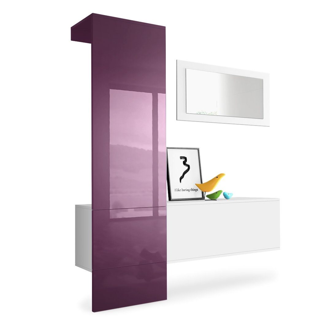 Vladon Garderoben-Set Carlton Set 4, (Wandgarderobe bestehend aus, 1 Paneel, 1 Schrankmodul und 1 Wandspiegel), Weiß matt/Brombeer Hochglanz (156 x 193 x 35 cm)