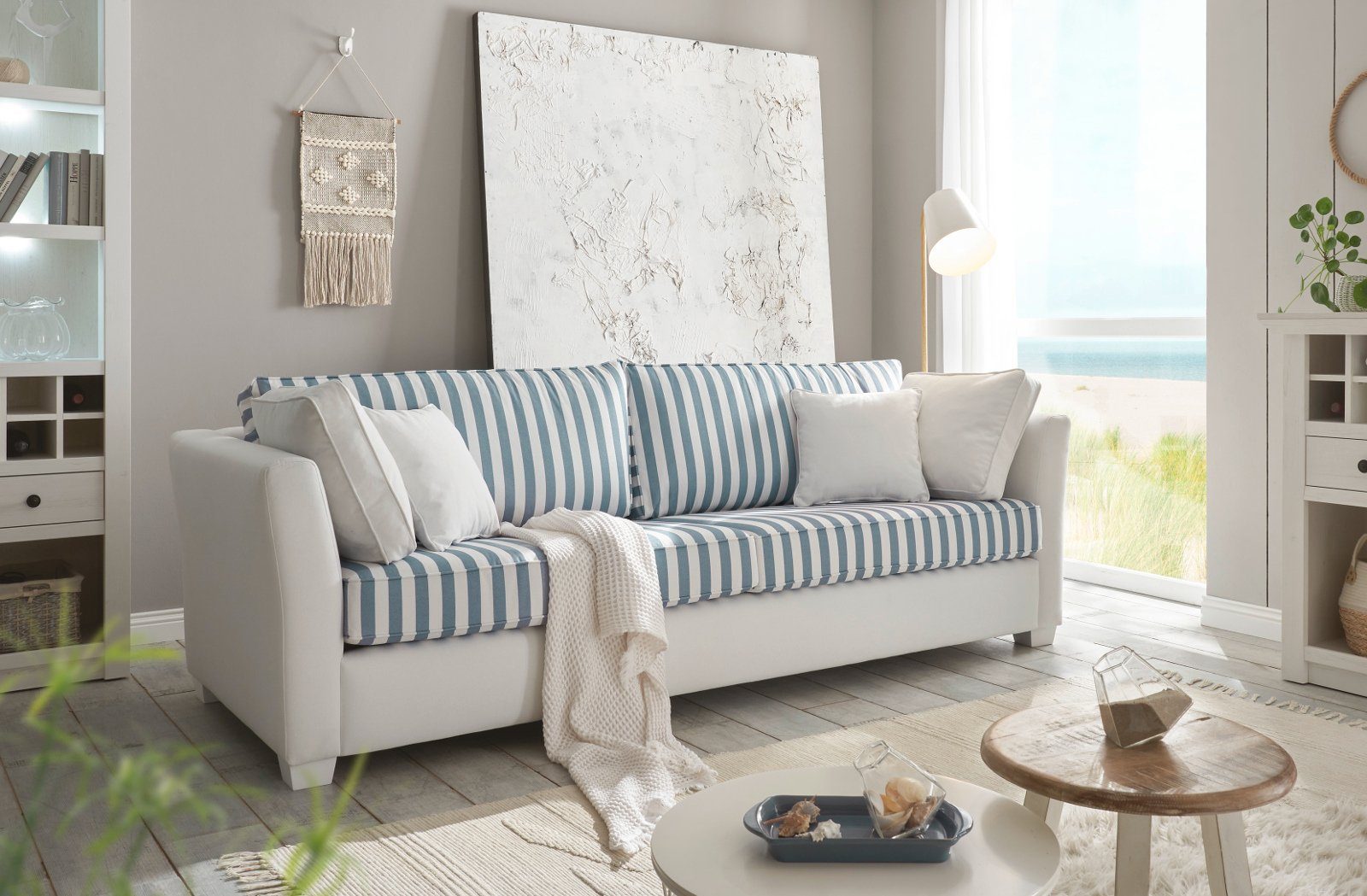 Furn.Design Sofa Hooge, 3-Sitzer in cremeweiß mit blau, Landhausstil, mit Bonell Federkern