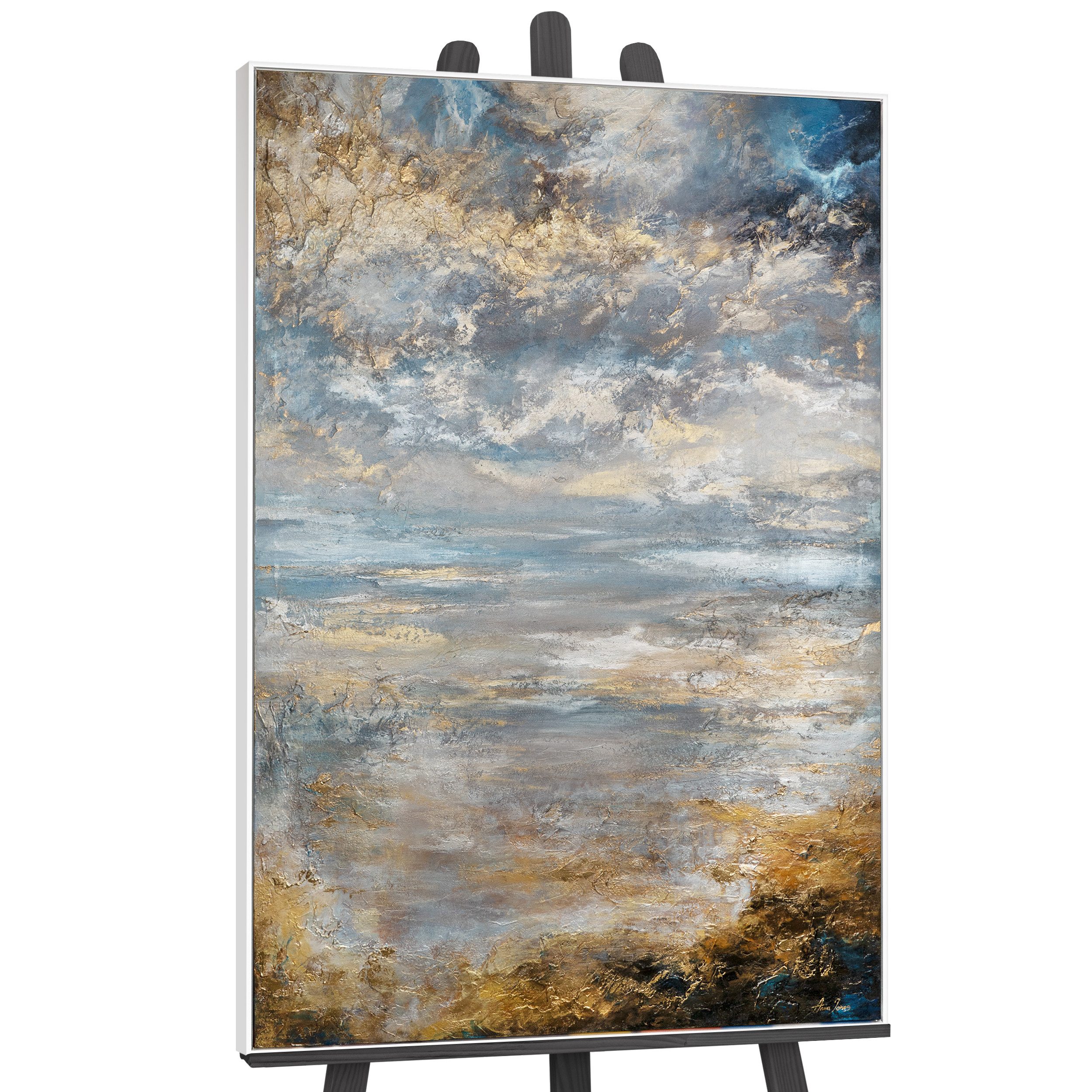 YS-Art Картина Stille Morgendämmerung, Landschaft, Meeresabstraktion in hellen Farben mit Gold gerahmt