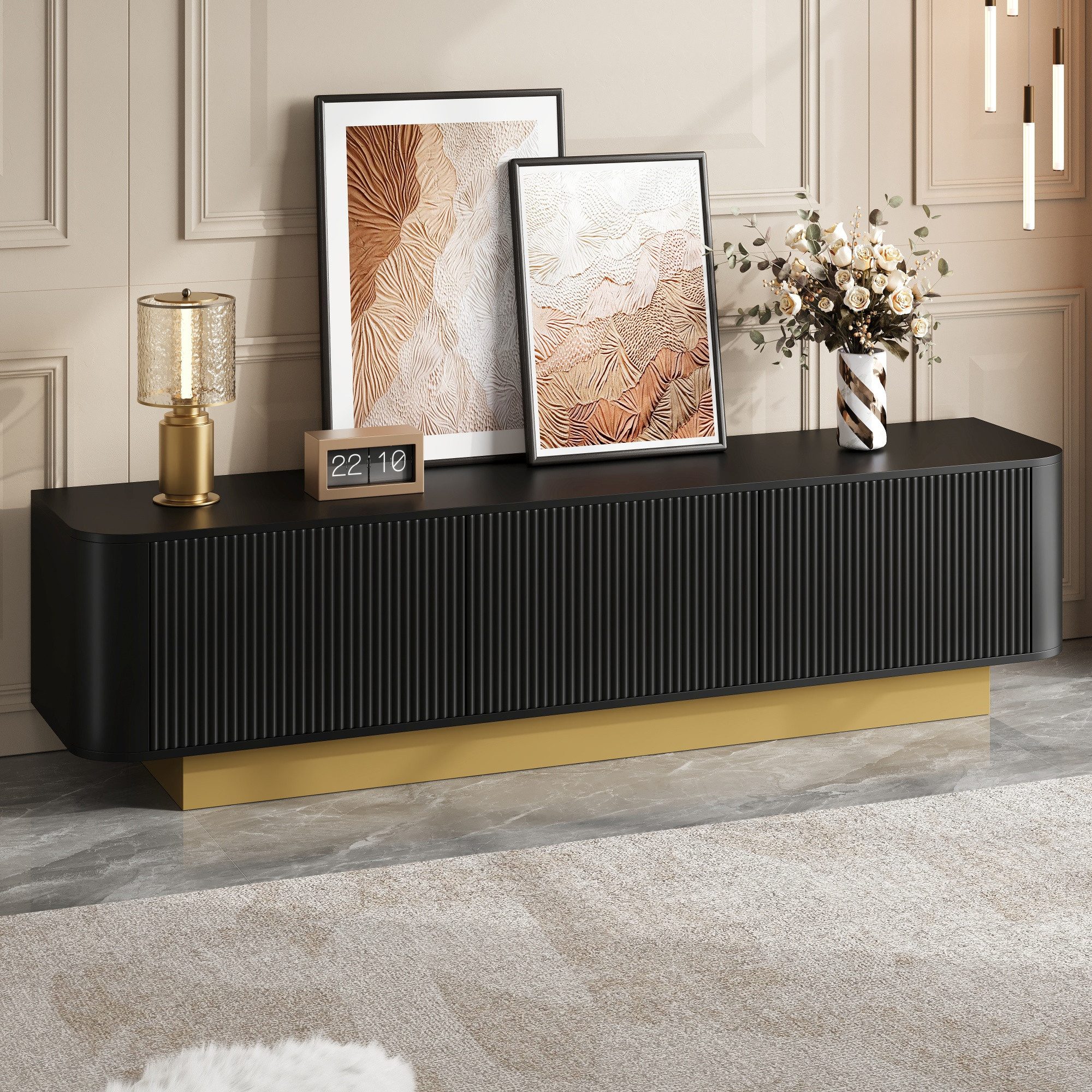 OKWISH Lowboard 170x40,5x47 cm mit 3 Türen und Kabelmanagement (Packung, 1 St., geräumige Fächer mit verstellbarem Regal in der Mitte), Abgerundetes Design,Texturfront, – Medienkonsole Wohnzimmer