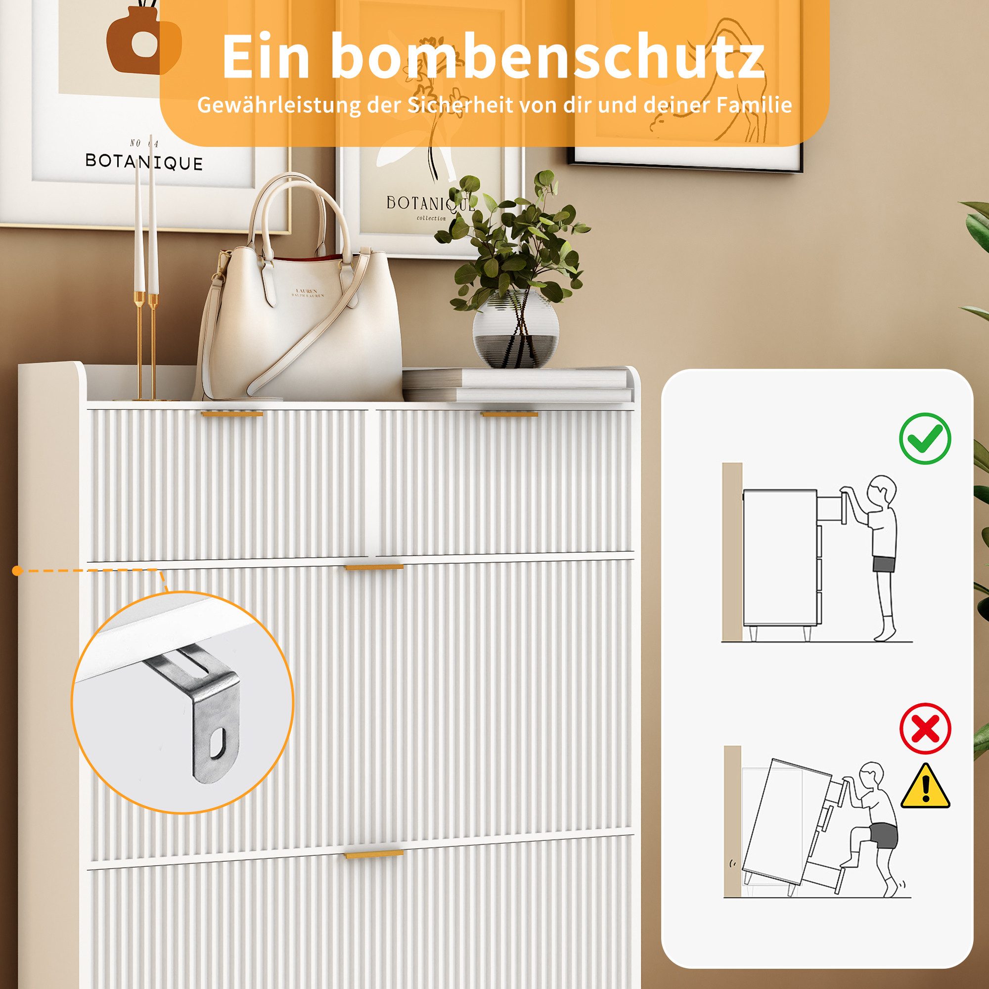 PXloue Schuhschrank mit 2 Klappen Schuhregal Schukipper( mit Kippsicherung) (mit 2 Schubladen) Schuhkommode im Flur Diele,Trennwand verstellbar, 110x24x80 cm – Bild 5 von 5