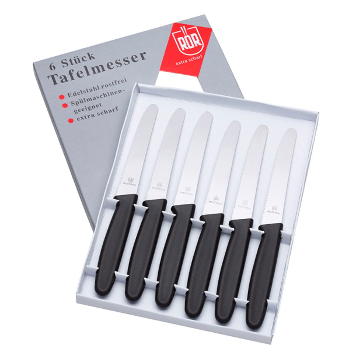 RÖR Tafelmesser Set 6 tlg. (6 Stück), Wellenschliff, Edelstahl / Kunststoff